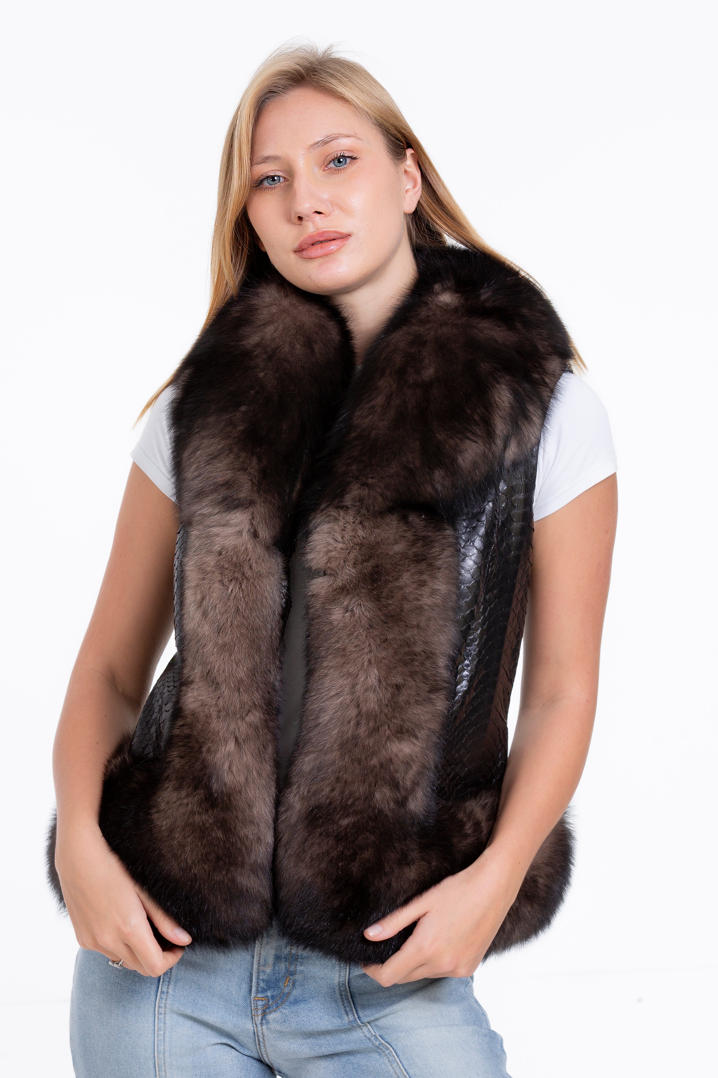 The Fitzroy Pythn Skin Leather Black Pullover Vest with a Pure Fox Fur Women Jacket - Image 6