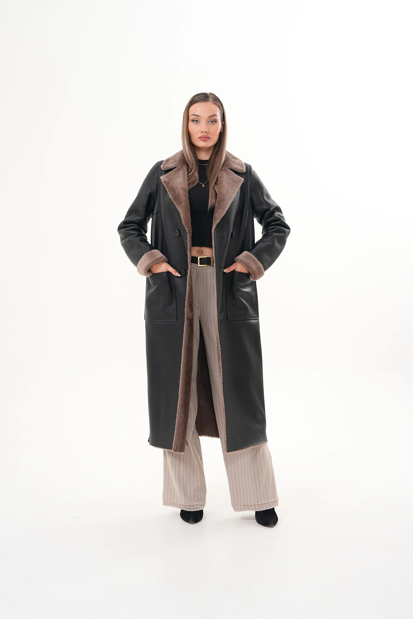 The Florence Long Shearling Black Leather Women Jacket
