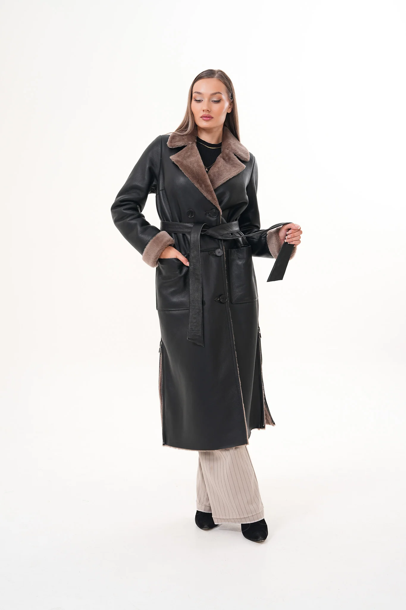 The Florence Long Shearling Black Leather Women Jacket - Image 11