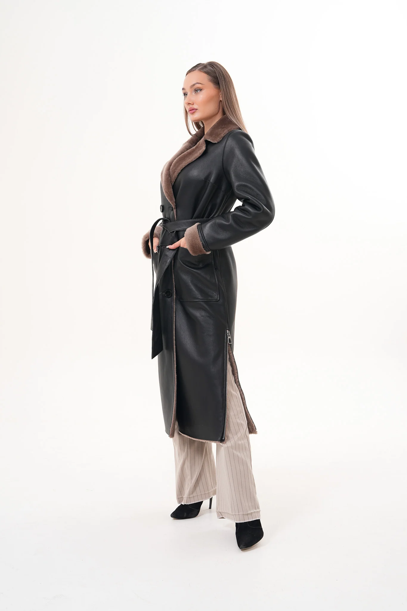 The Florence Long Shearling Black Leather Women Jacket - Image 12