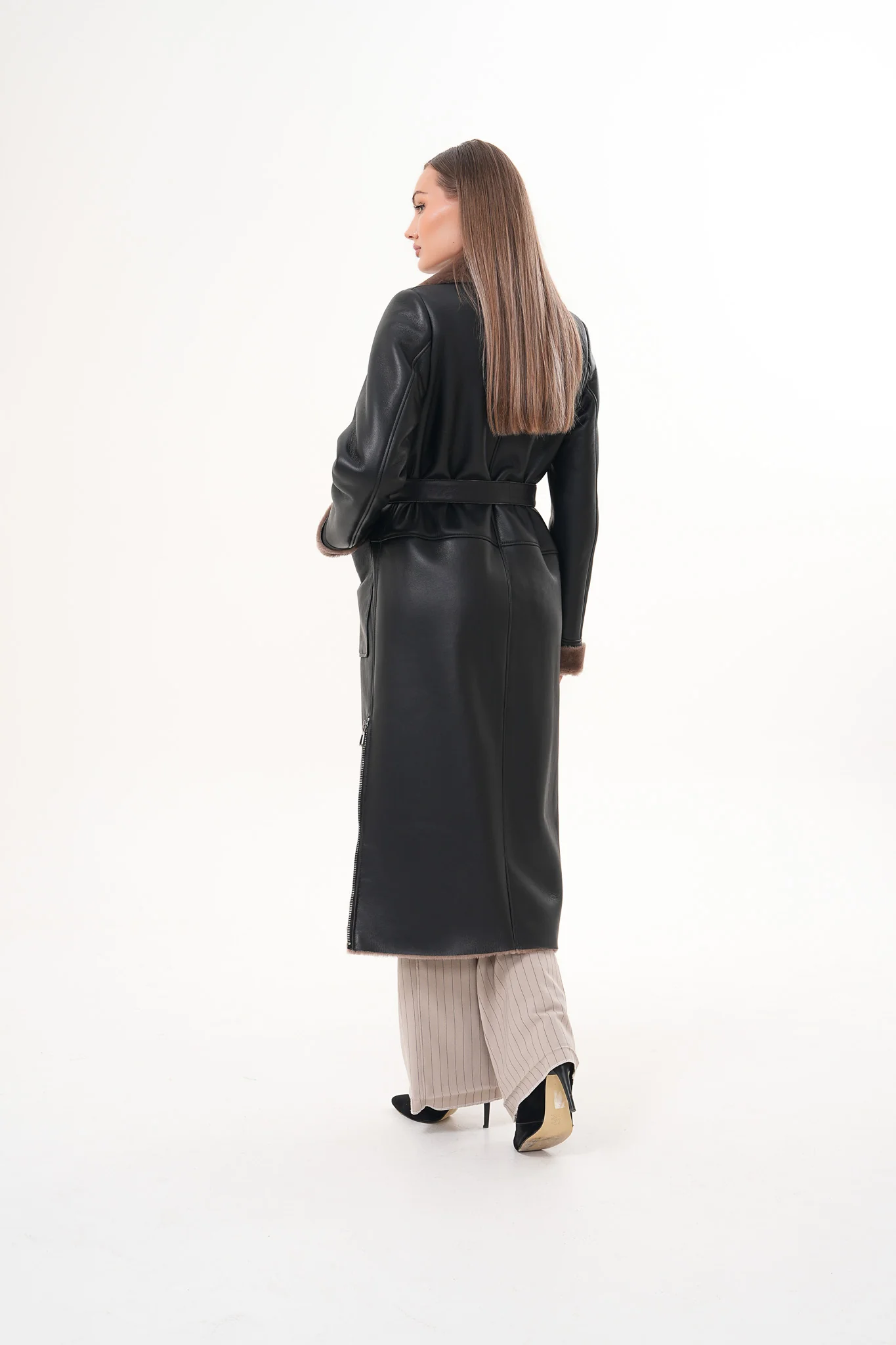 The Florence Long Shearling Black Leather Women Jacket - Image 13
