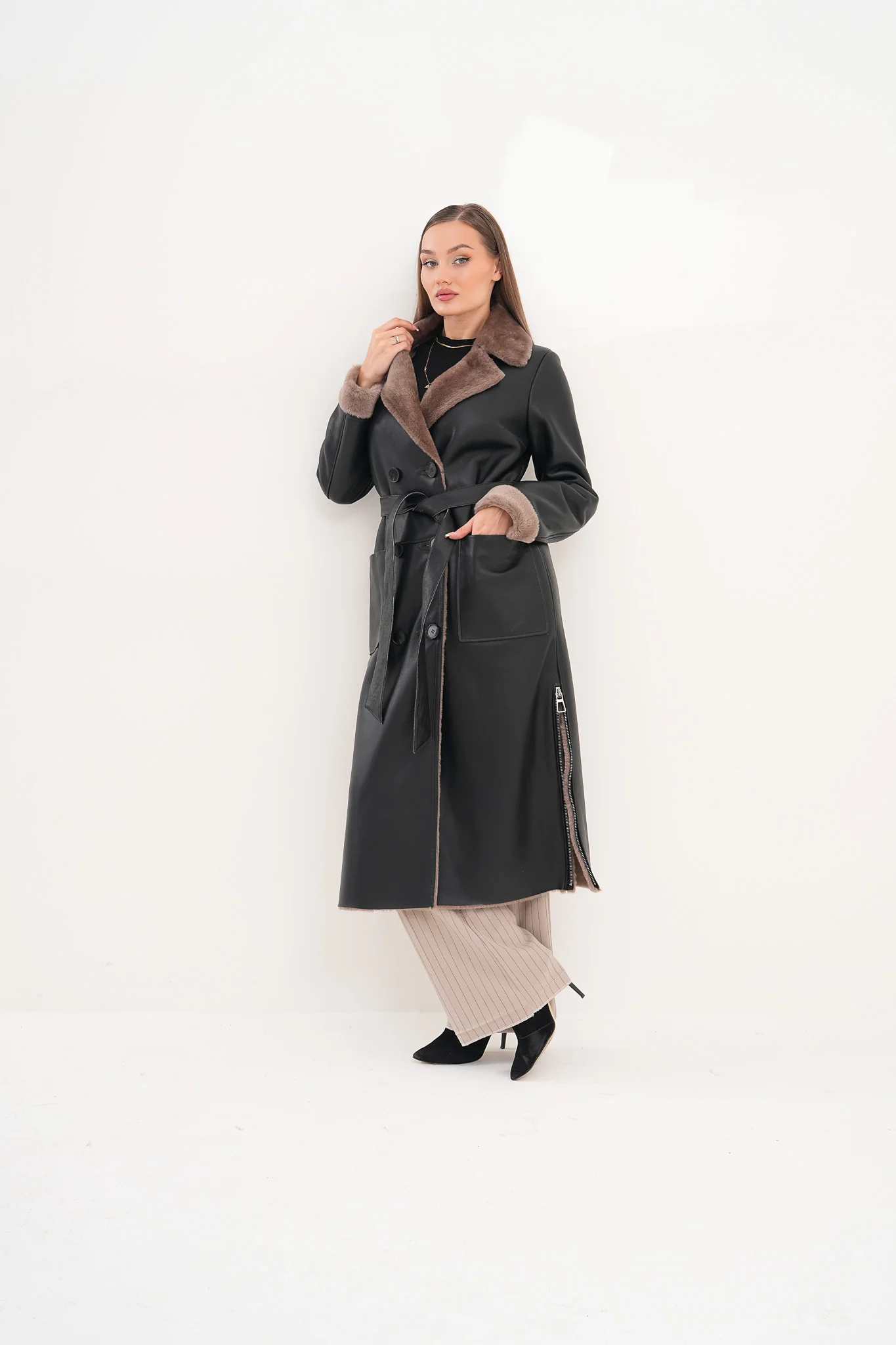 The Florence Long Shearling Black Leather Women Jacket - Image 14