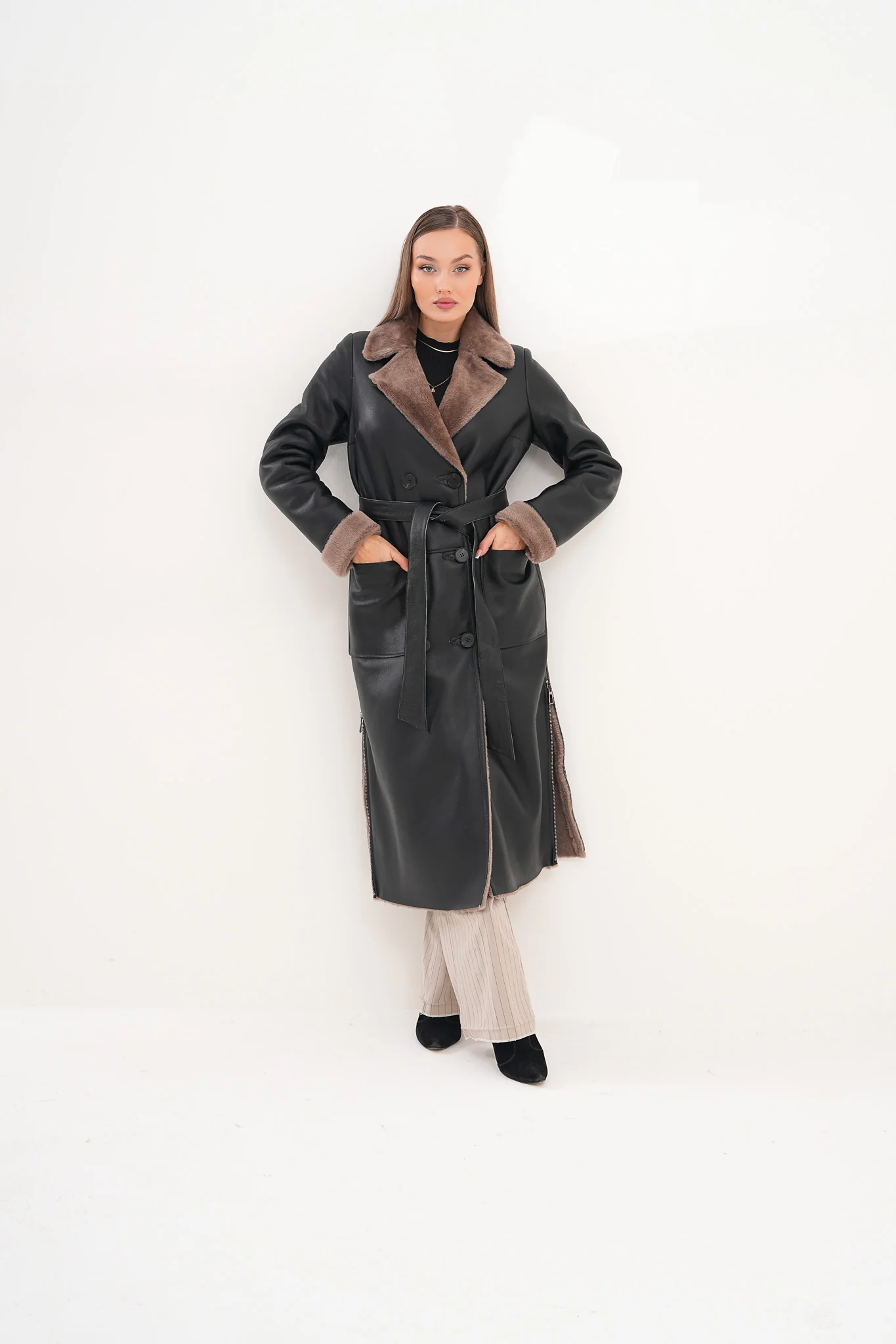 The Florence Long Shearling Black Leather Women Jacket - Image 15