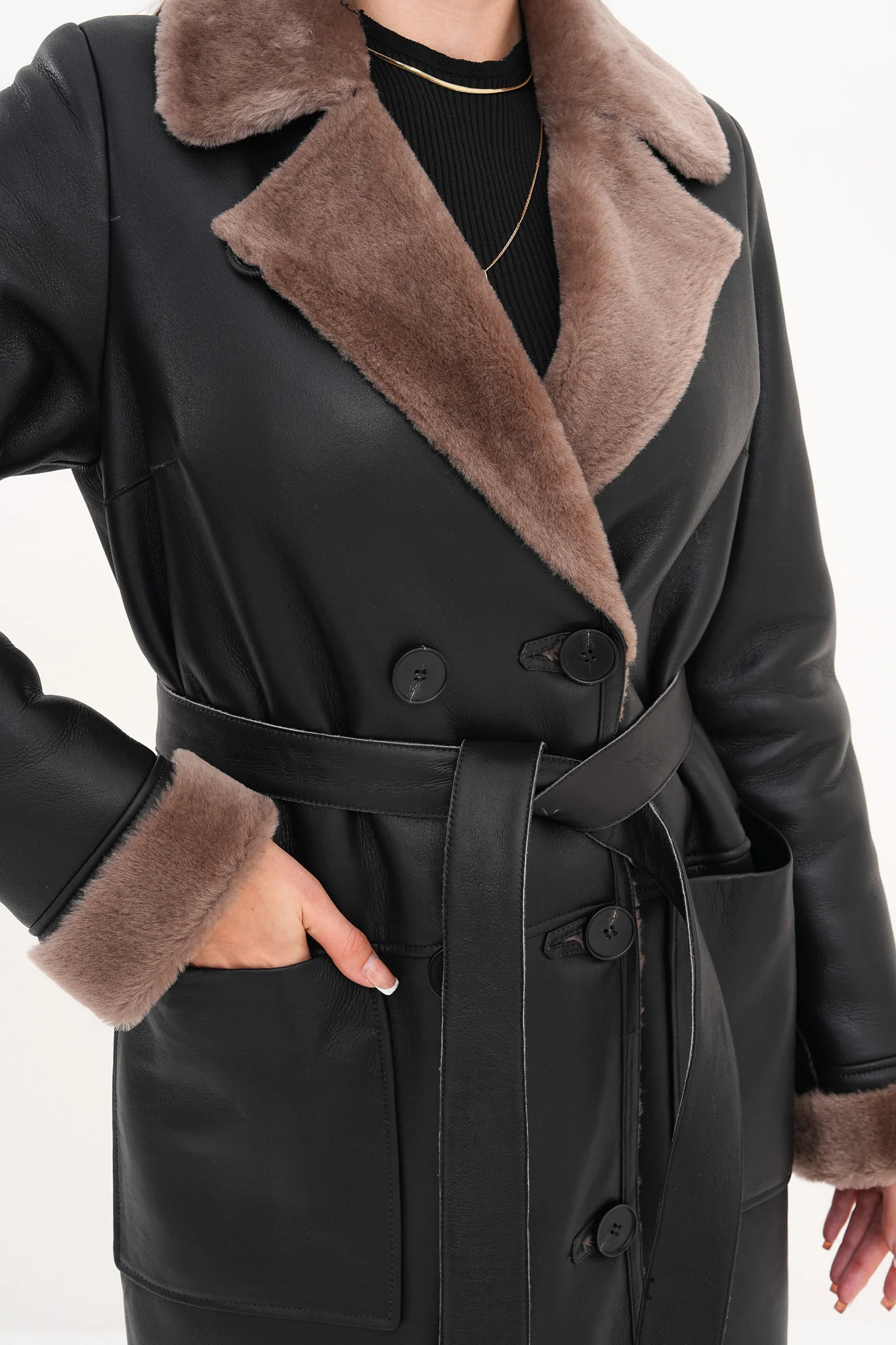 The Florence Long Shearling Black Leather Women Jacket - Image 17