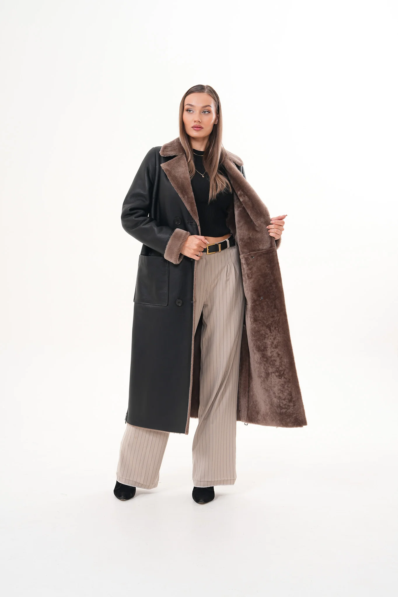 The Florence Long Shearling Black Leather Women Jacket - Image 2