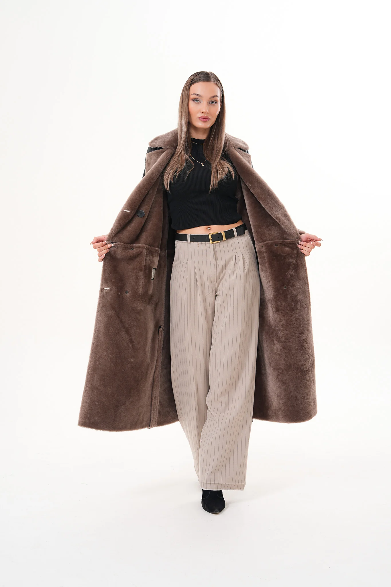 The Florence Long Shearling Black Leather Women Jacket - Image 3