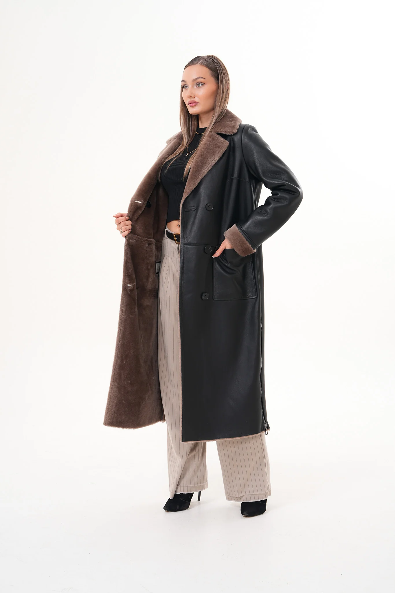 The Florence Long Shearling Black Leather Women Jacket - Image 6