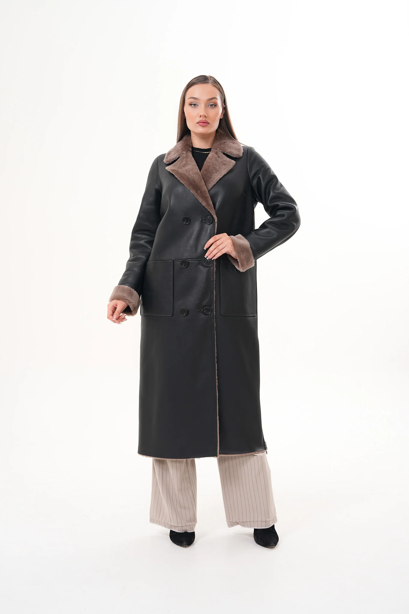 The Florence Long Shearling Black Leather Women Jacket - Image 7