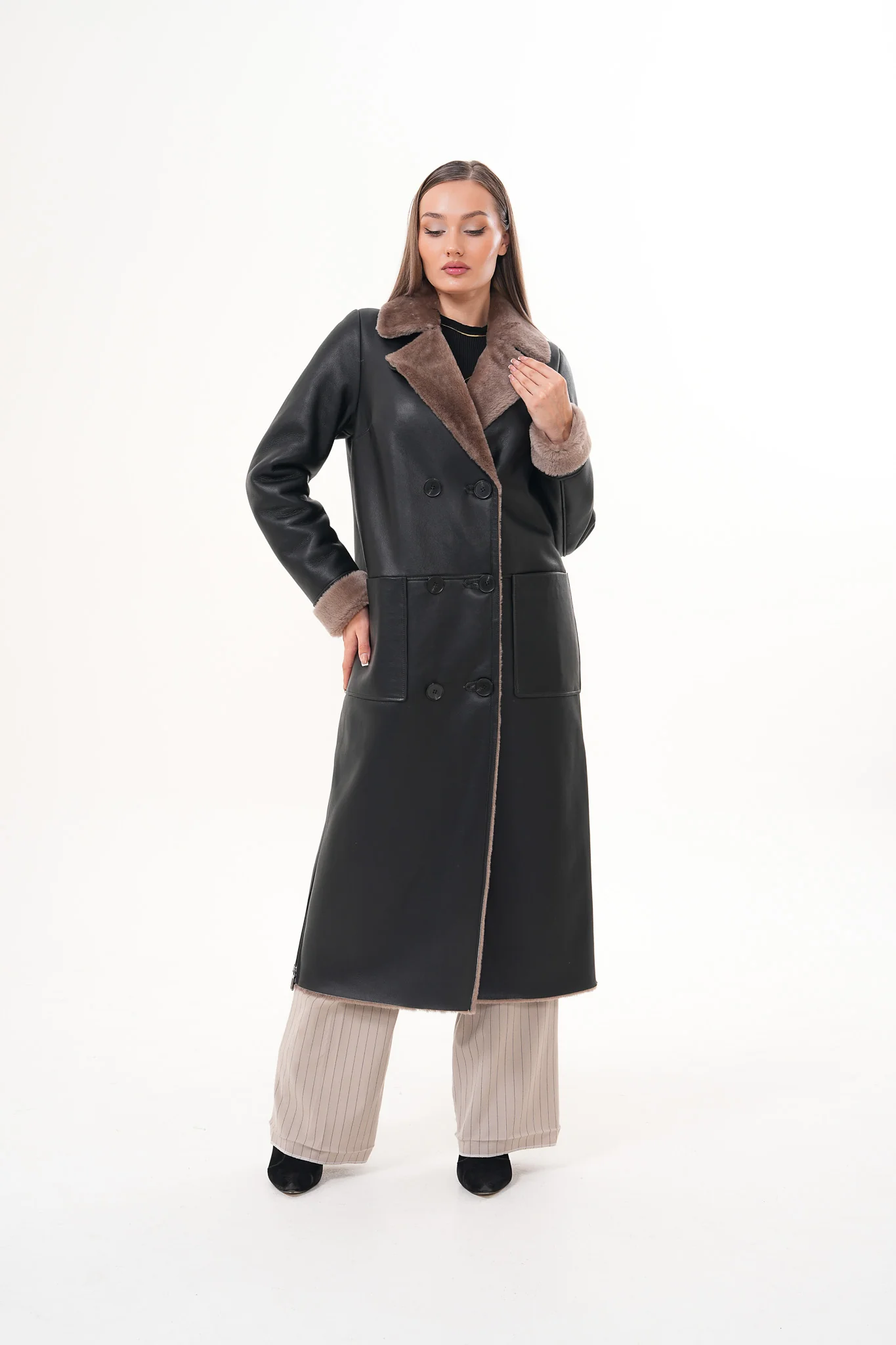 The Florence Long Shearling Black Leather Women Jacket - Image 8