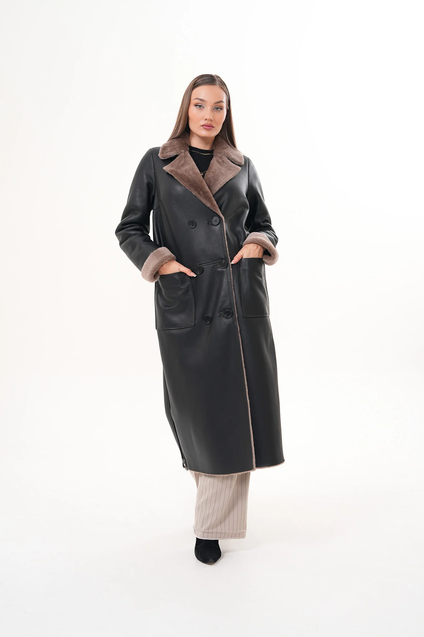 The Florence Long Shearling Black Leather Women Jacket - Image 9