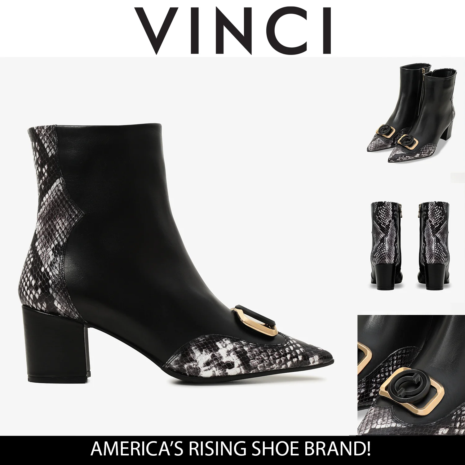 The Gray Black & White Leather Block Heel Women Boot - Image 7