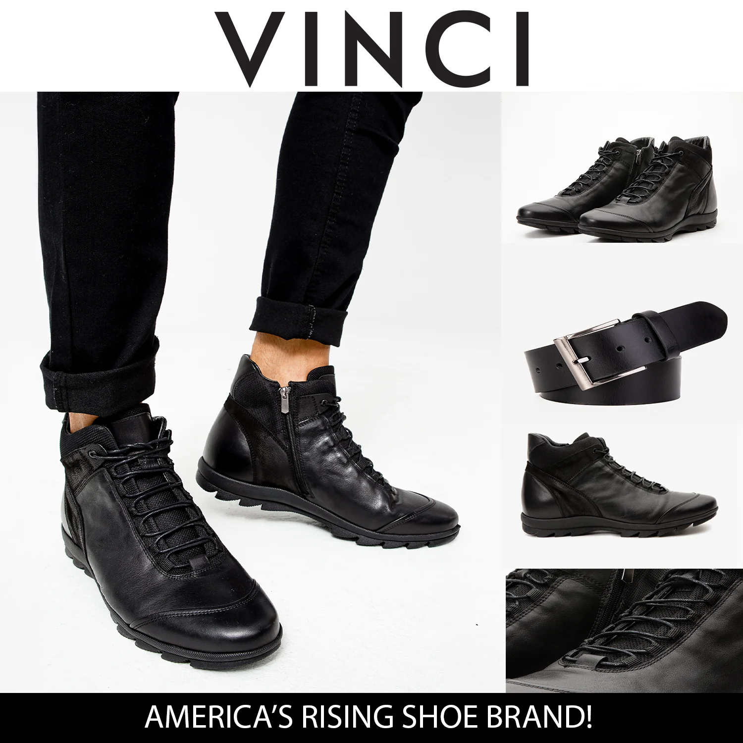 The Houston Leather Black Lace-Up Casual Men Boot with a Zipper - Image 3
