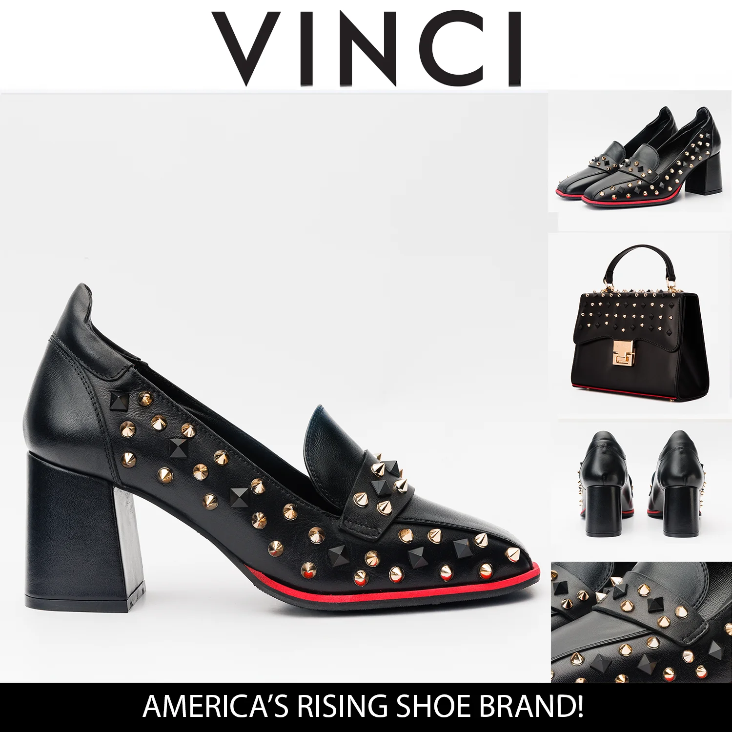 The Infanta Black Spike Leather Block Heel Pump Women Shoe