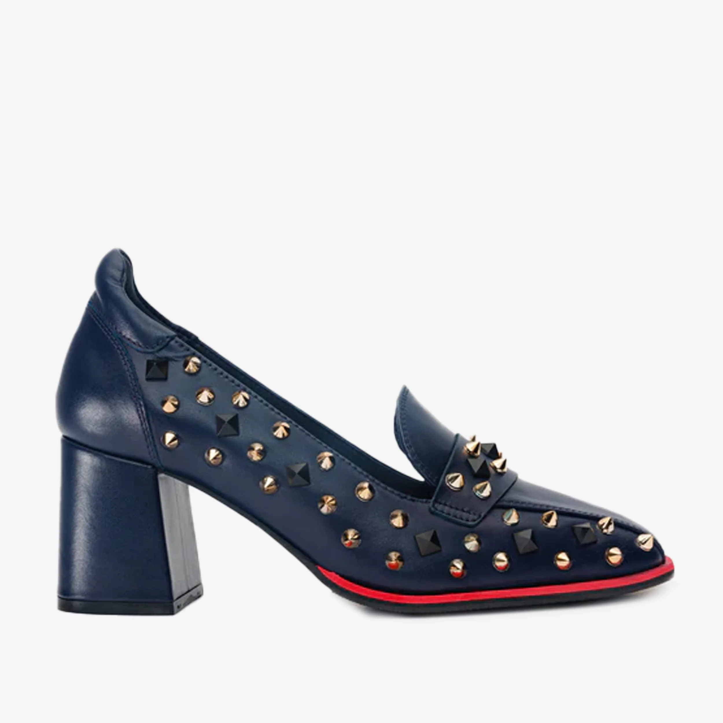 The Infanta Navy Blue Spike Leather Block Heel Pump Women Shoe - Image 2