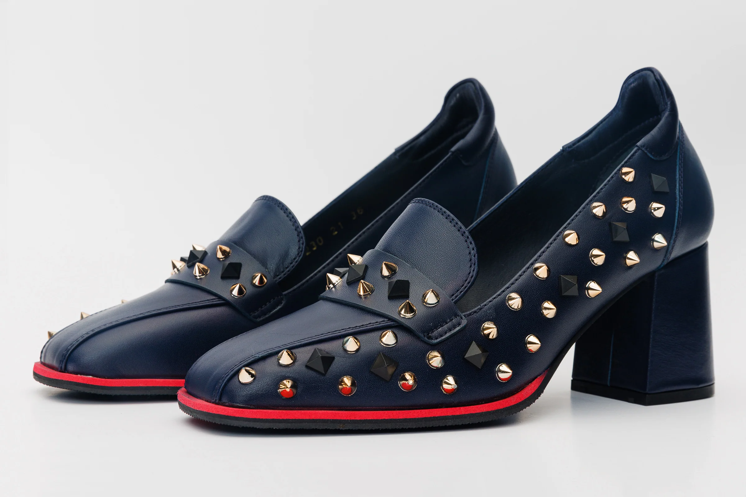 The Infanta Navy Blue Spike Leather Block Heel Pump Women Shoe - Image 3