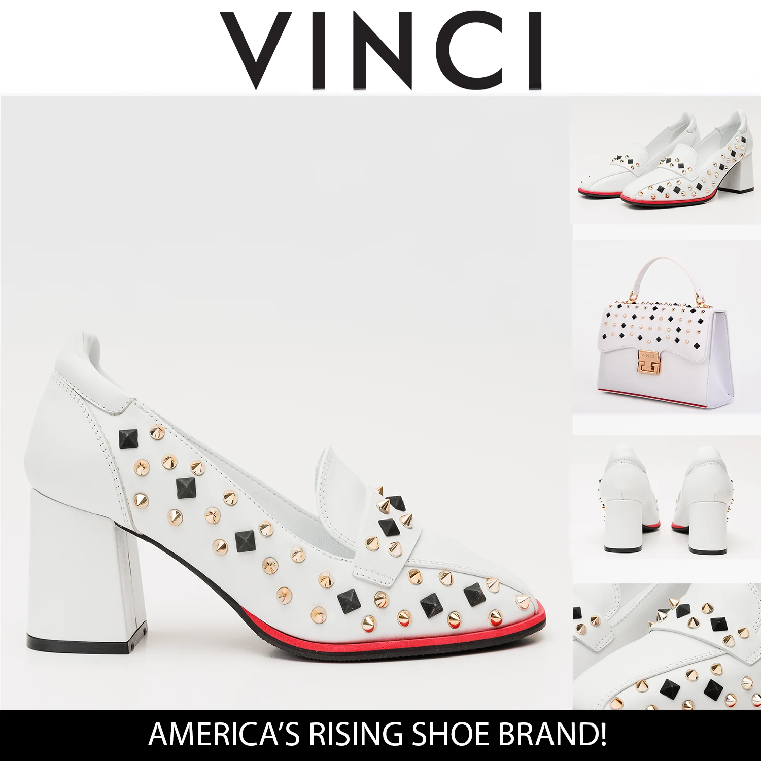 The Infanta White Spike Leather Block Heel Pump Women Shoe