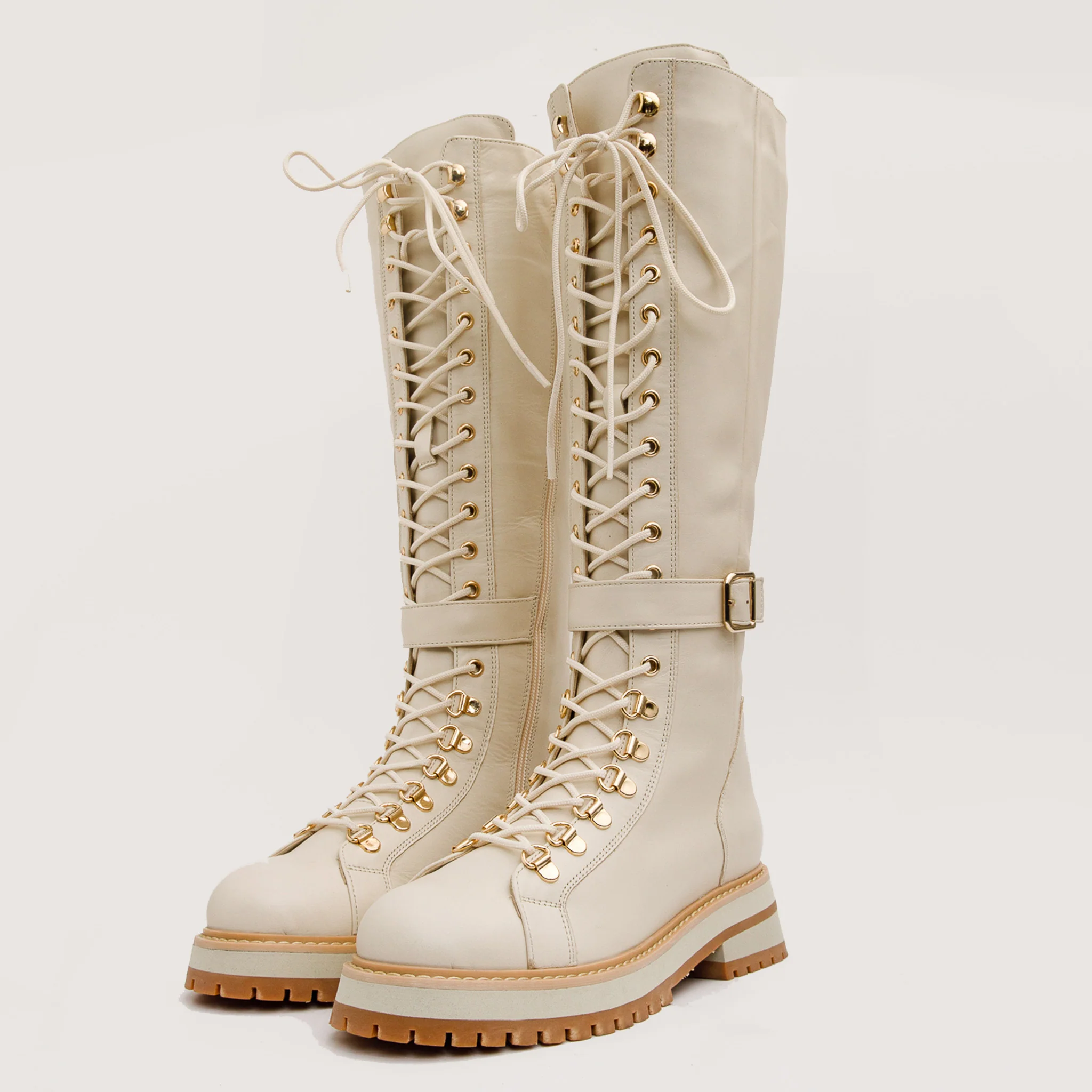 The Istinye Cream Leather Knee High Lace-Up Women Boot Limited Edition - Image 3