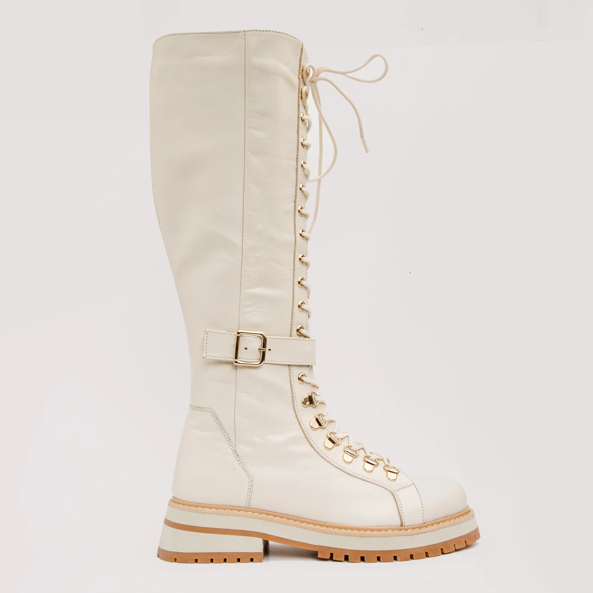 The Istinye Cream Leather Knee High Lace-Up Women Boot Limited Edition - Image 6