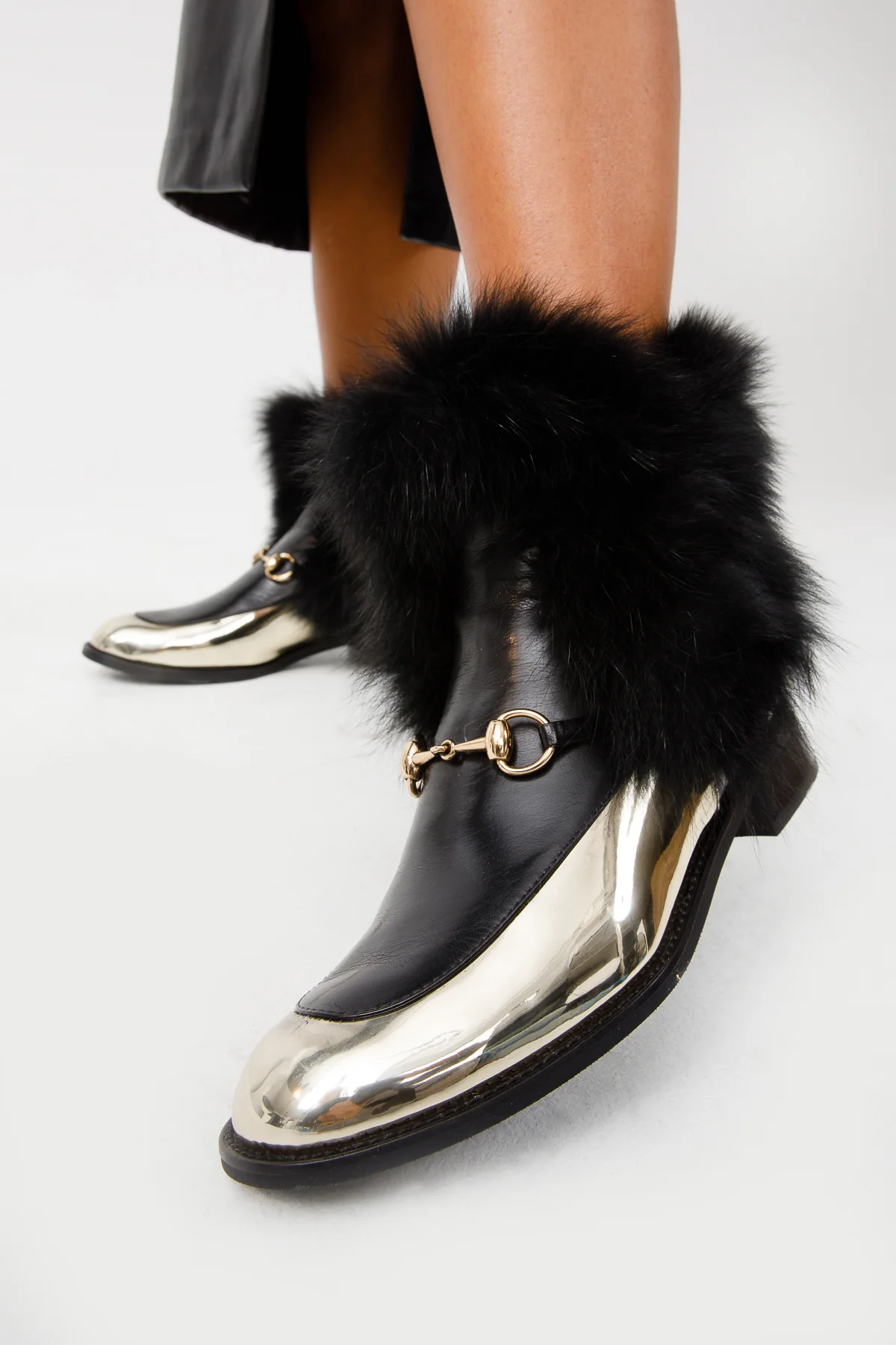 The Izmir Black & Gold Leather Natural Fox Fur Mid Calf Women Boot - Image 3