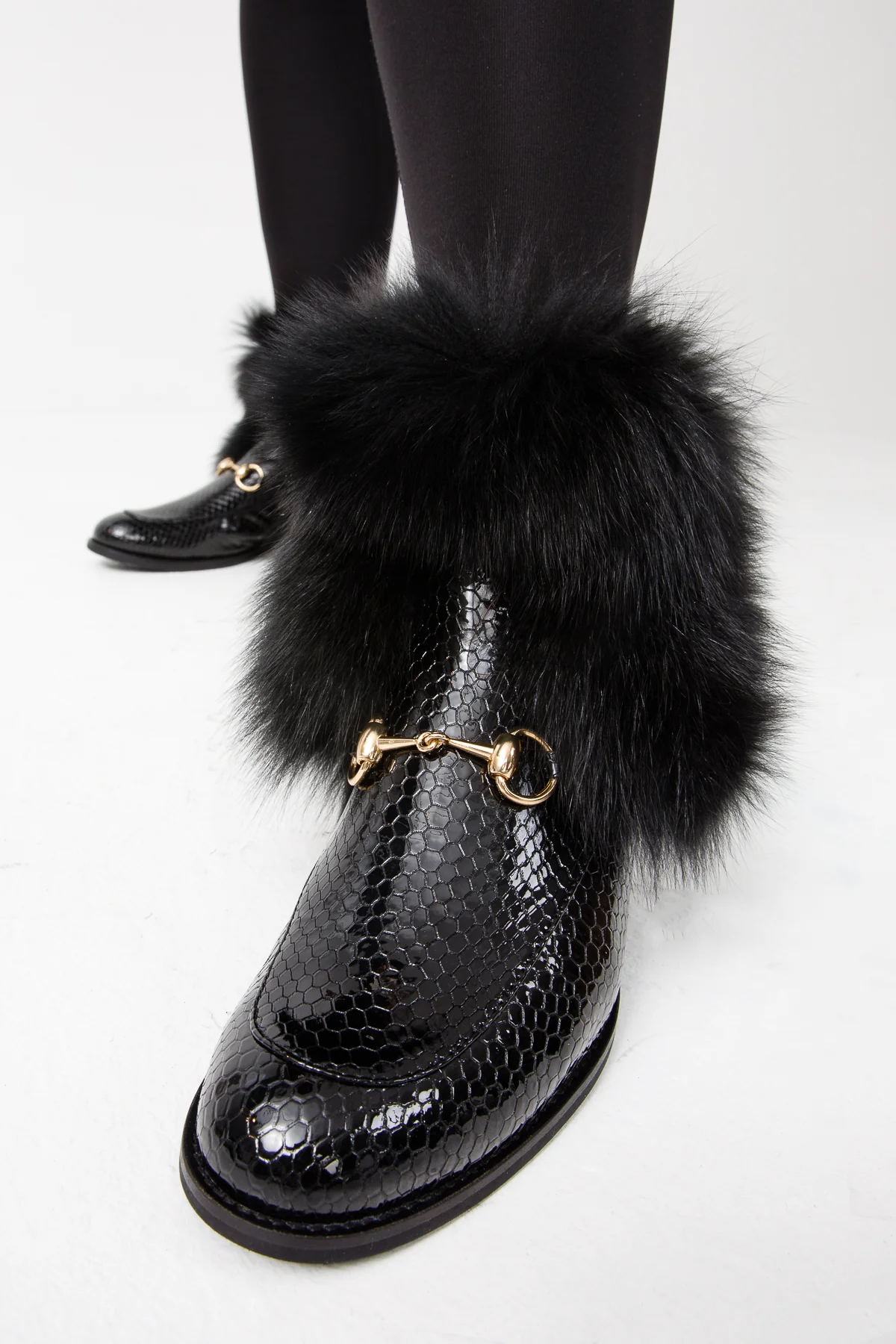 The Izmir Black Patent Leather Natural Fur Mid Calf Women Boot - Image 15