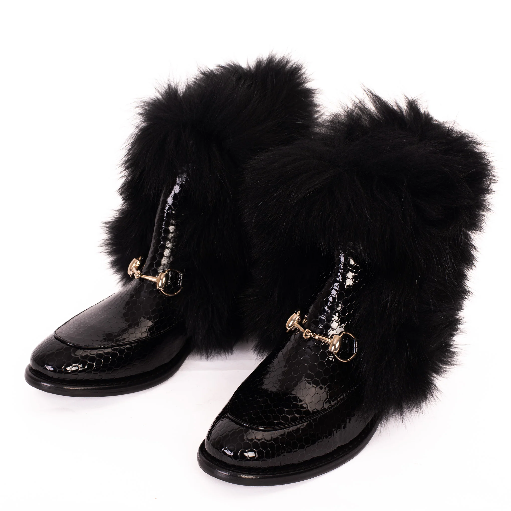 The Izmir Black Patent Leather Natural Fur Mid Calf Women Boot - Image 4