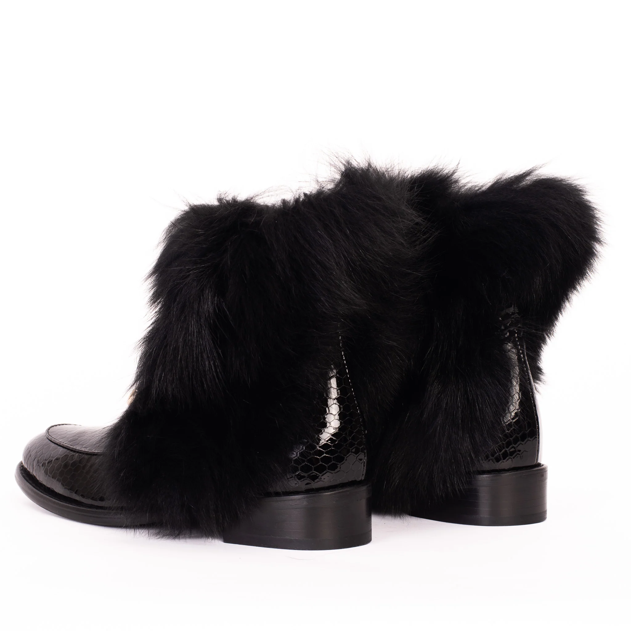 The Izmir Black Patent Leather Natural Fur Mid Calf Women Boot - Image 5