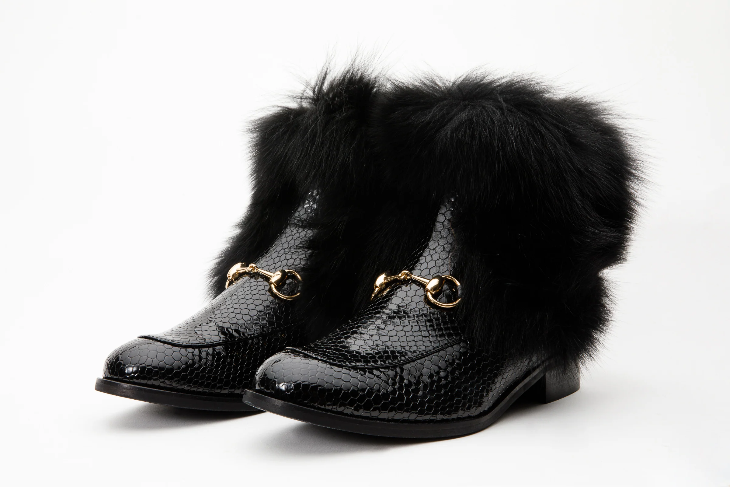 The Izmir Black Patent Leather Natural Fur Mid Calf Women Boot - Image 8