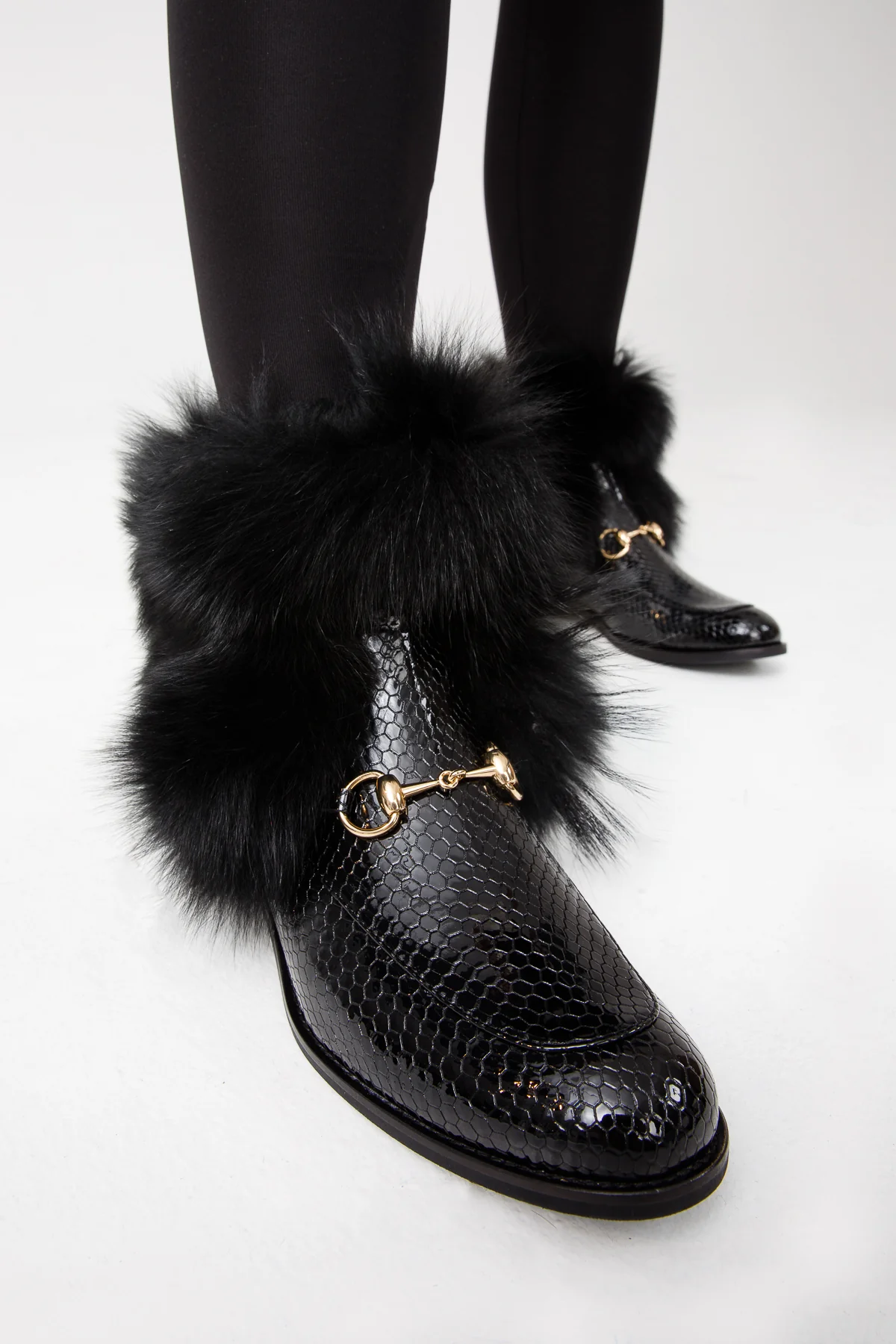 The Izmir Black Patent Leather Natural Fur Mid Calf Women Boot - Image 9