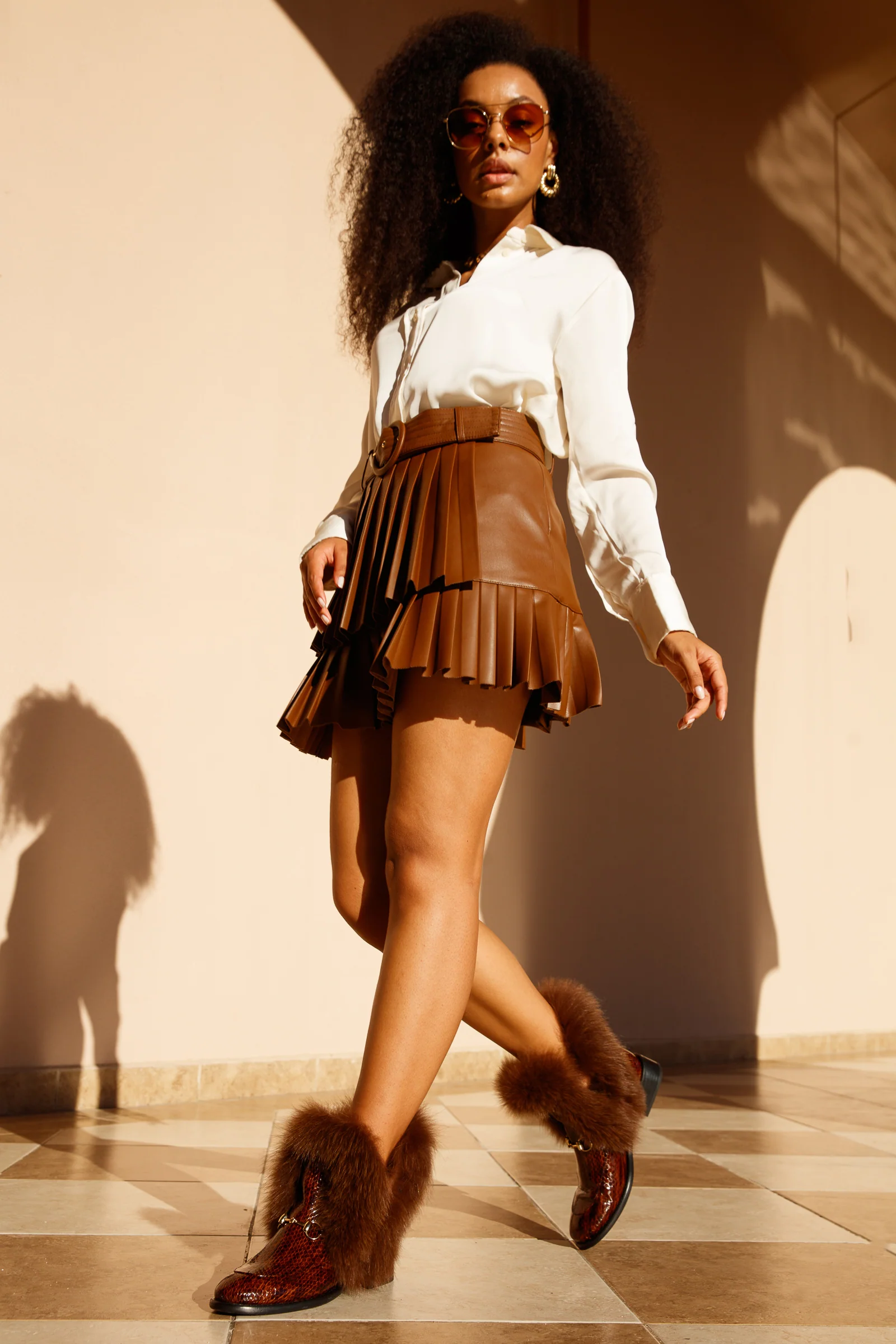 The Izmir Brown Patent Leather Natural Fur Mid Calf Women Boot - Image 10