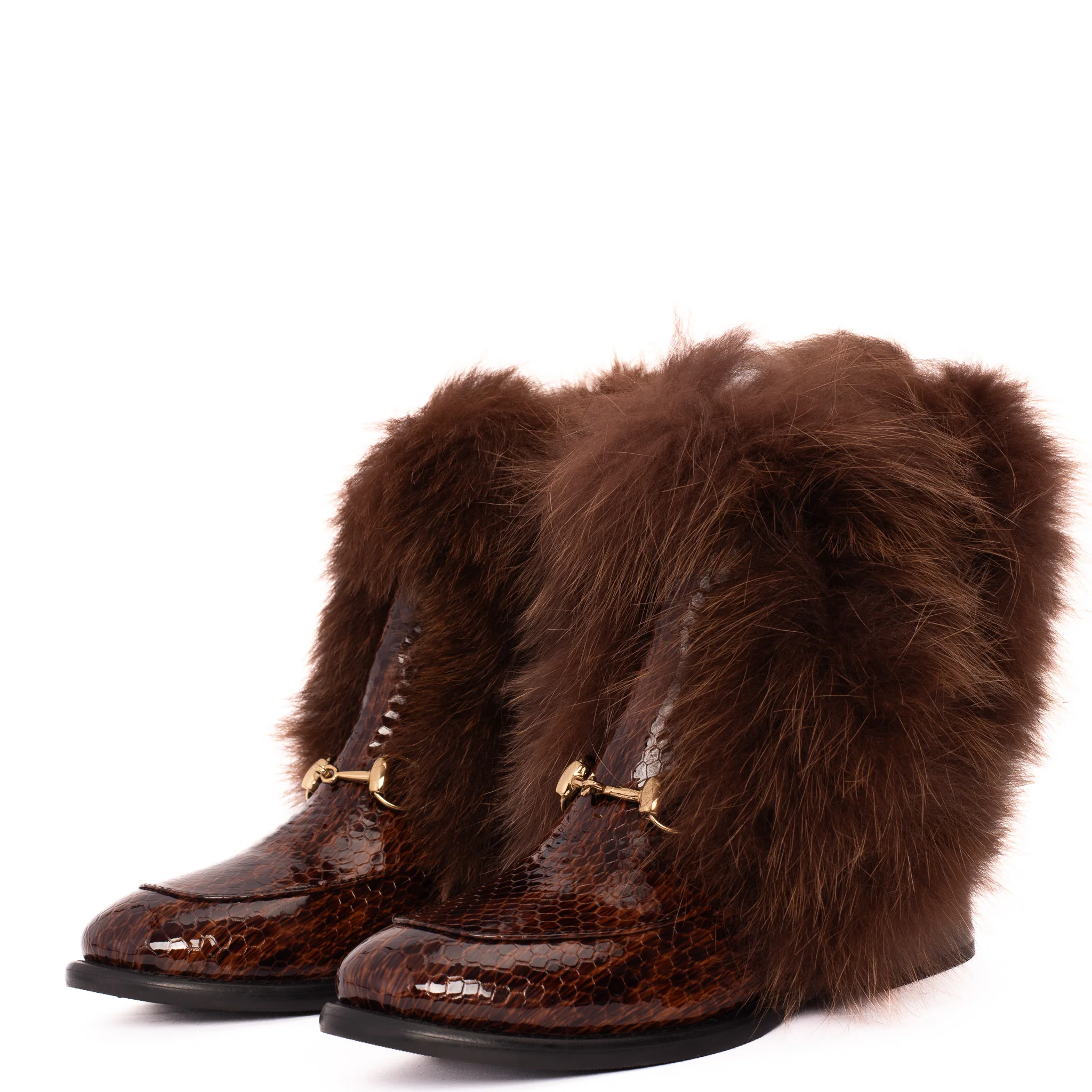 The Izmir Brown Patent Leather Natural Fur Mid Calf Women Boot - Image 7