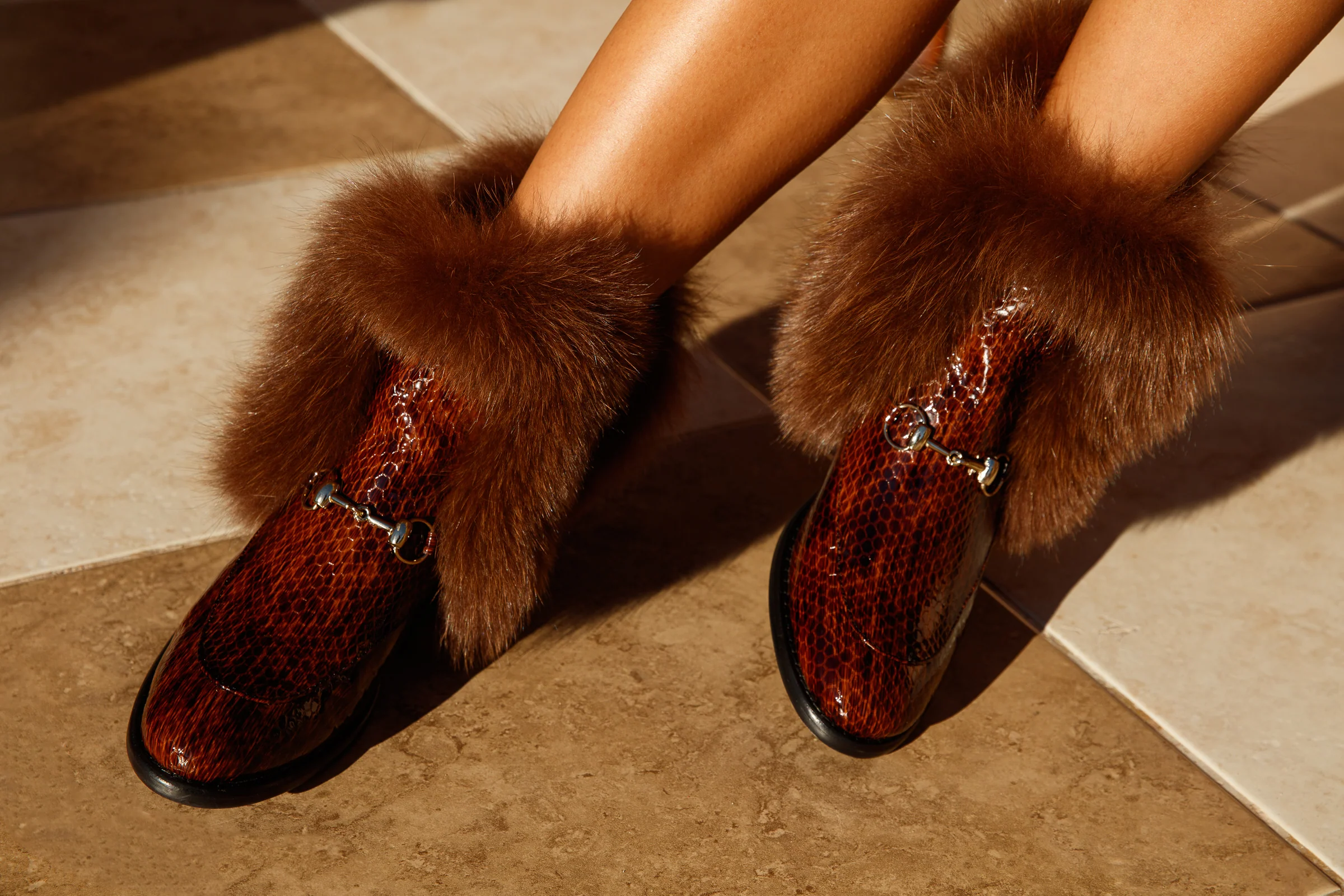 The Izmir Brown Patent Leather Natural Fur Mid Calf Women Boot - Image 8