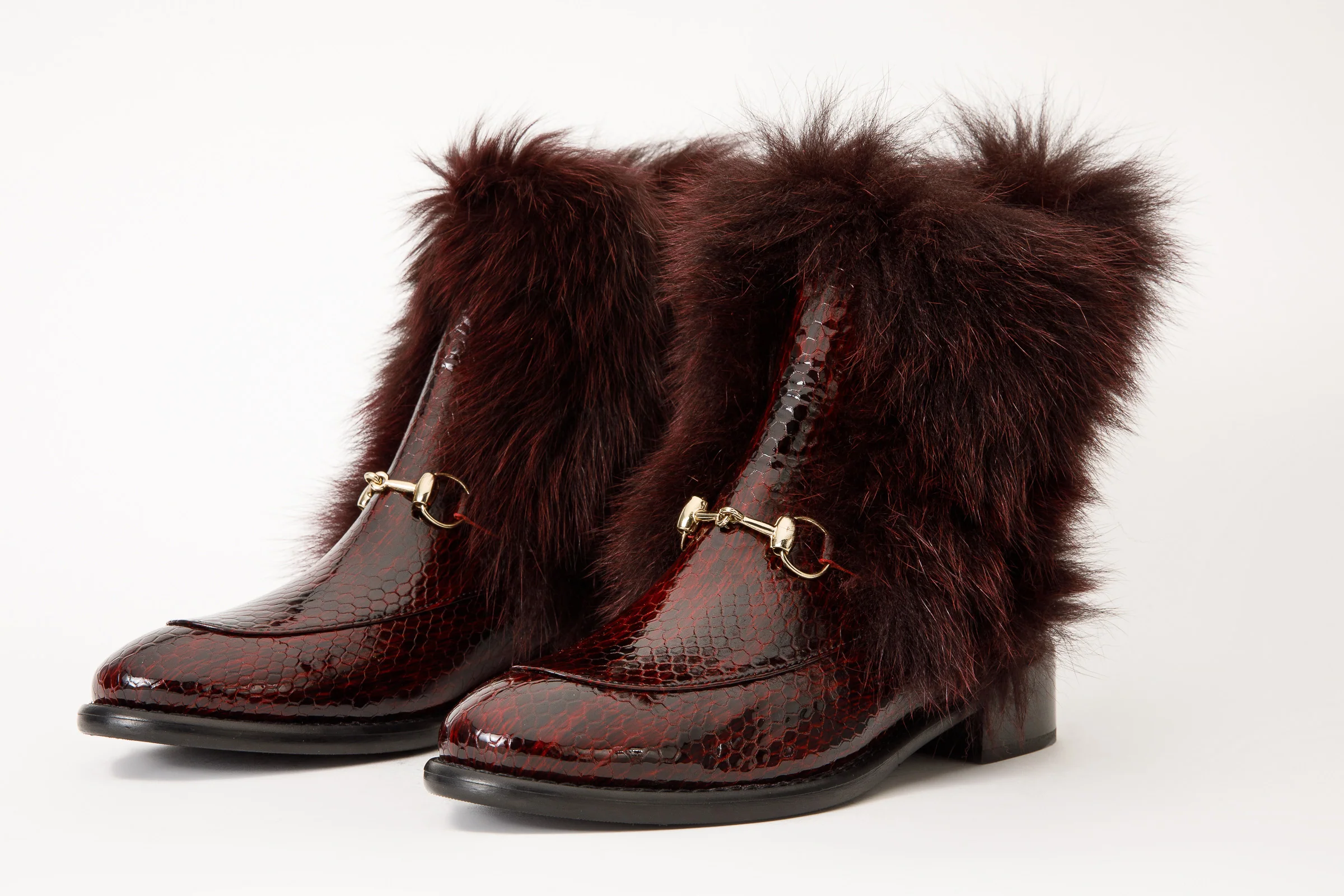 The Izmir Burgundy Patent Leather Natural Fur Mid Calf Women Boot - Image 12