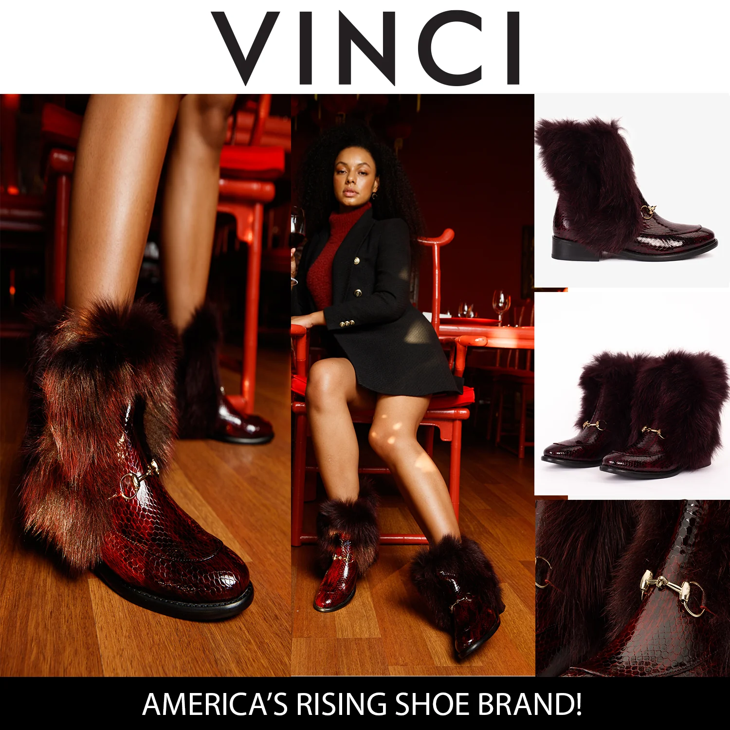 The Izmir Burgundy Patent Leather Natural Fur Mid Calf Women Boot - Image 13