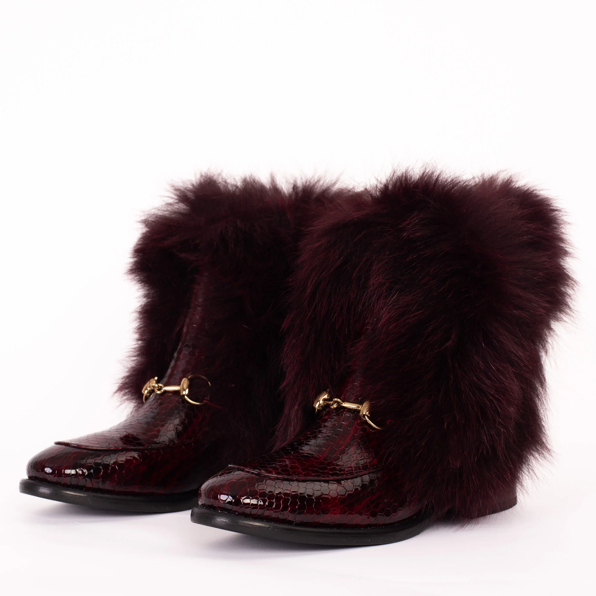The Izmir Burgundy Patent Leather Natural Fur Mid Calf Women Boot - Image 3