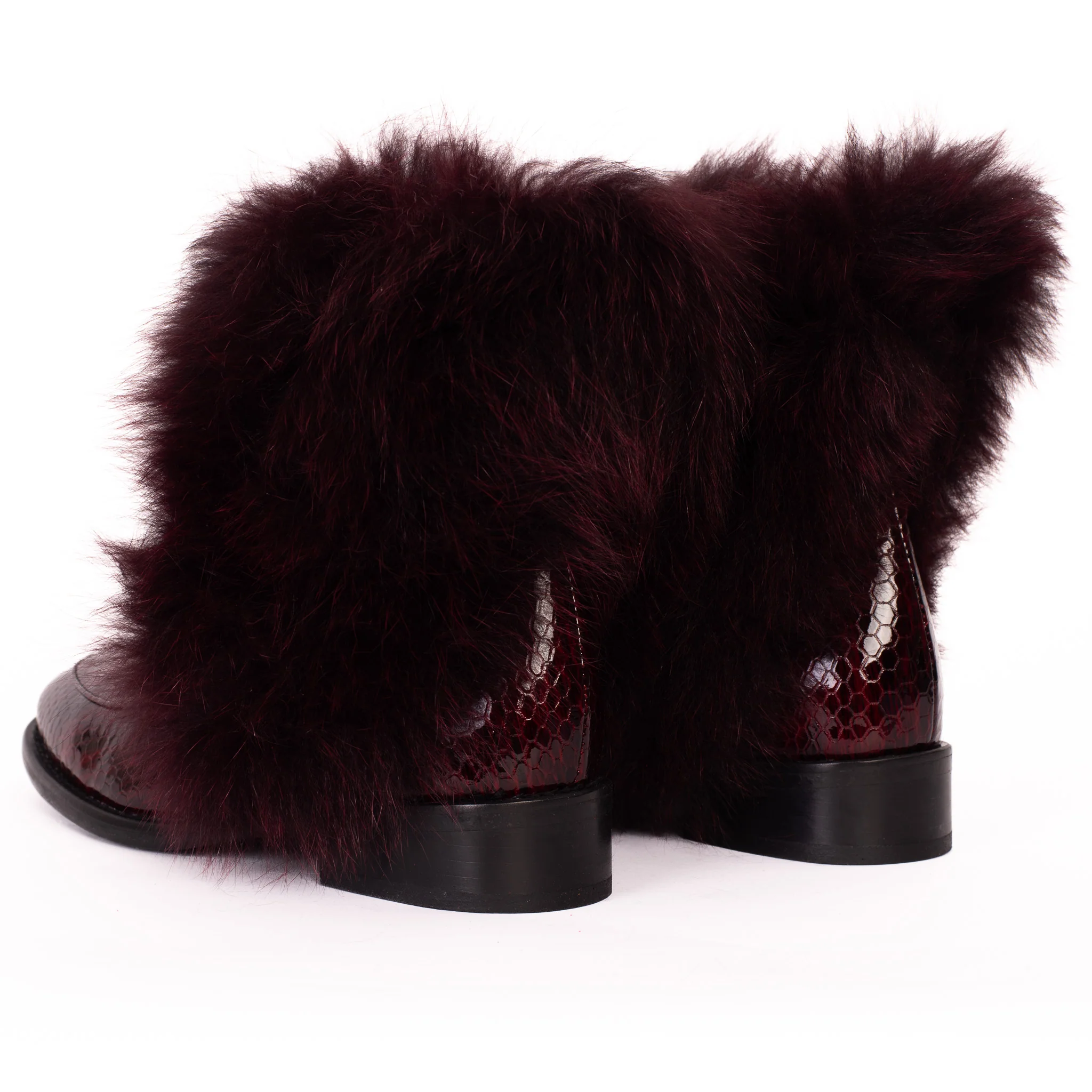 The Izmir Burgundy Patent Leather Natural Fur Mid Calf Women Boot - Image 5