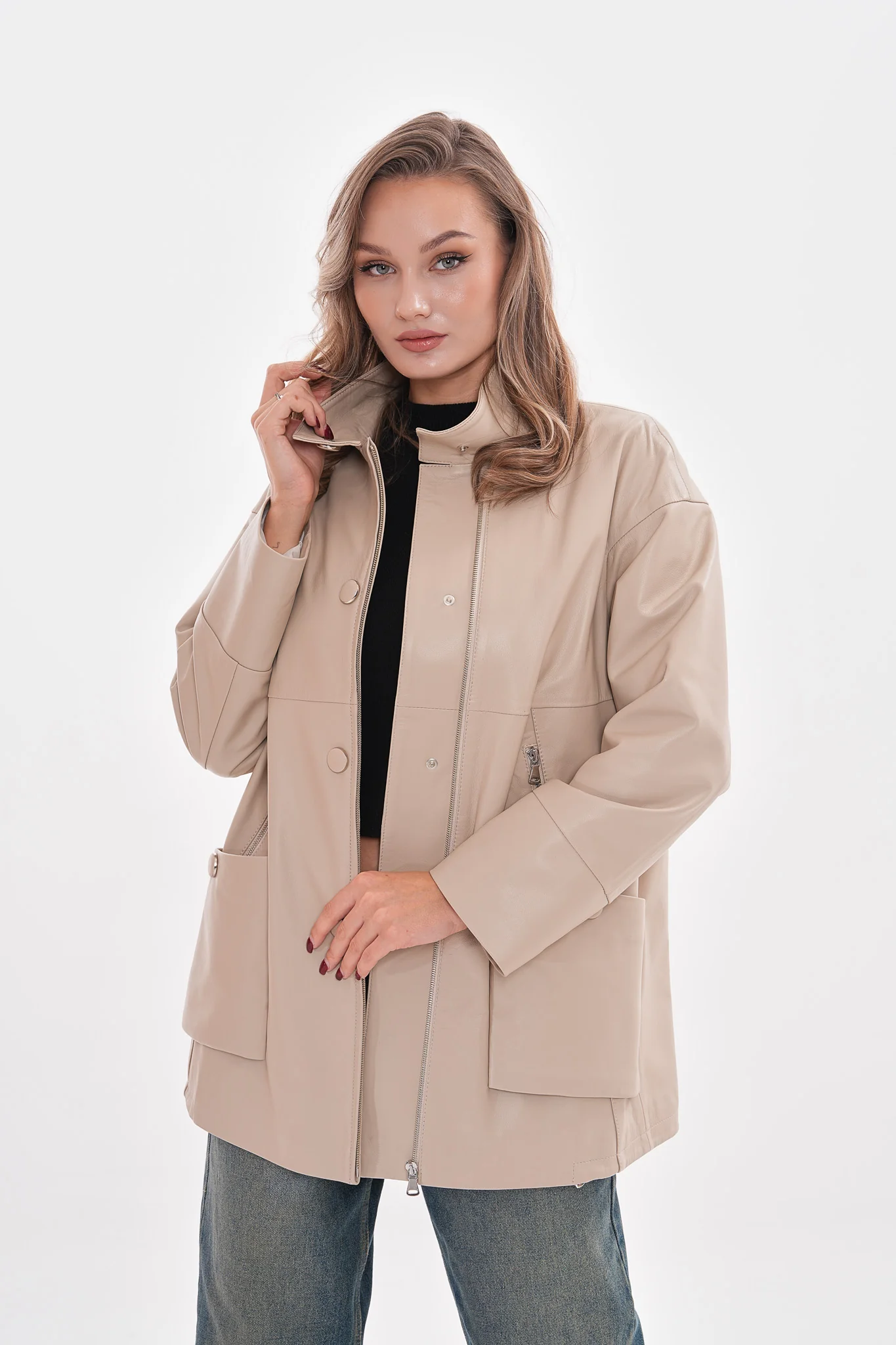 The Lioara Cream Leather Women Jacket - Image 7