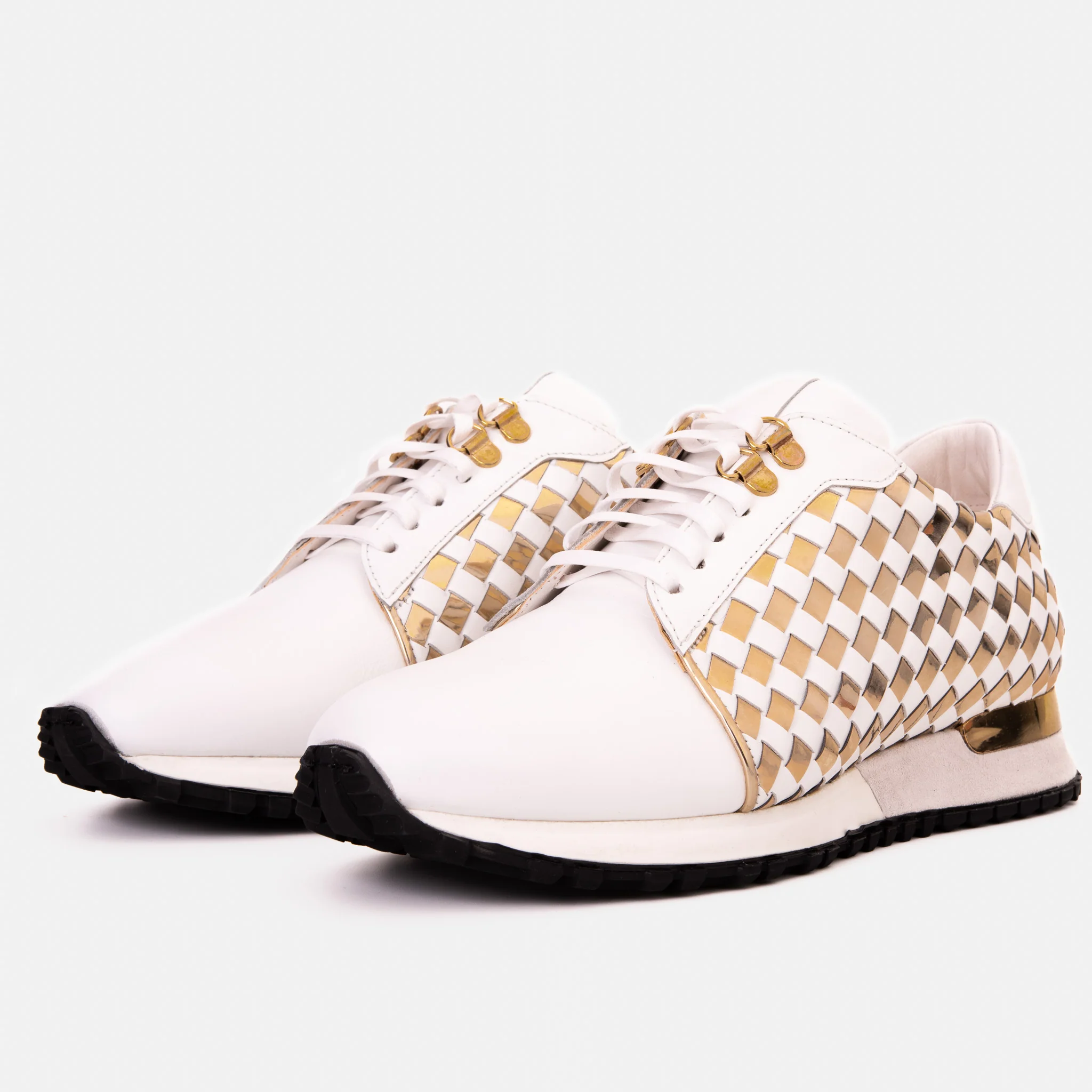 The Mackenzie White & Gold Woven Leather Men Sneaker - Image 3