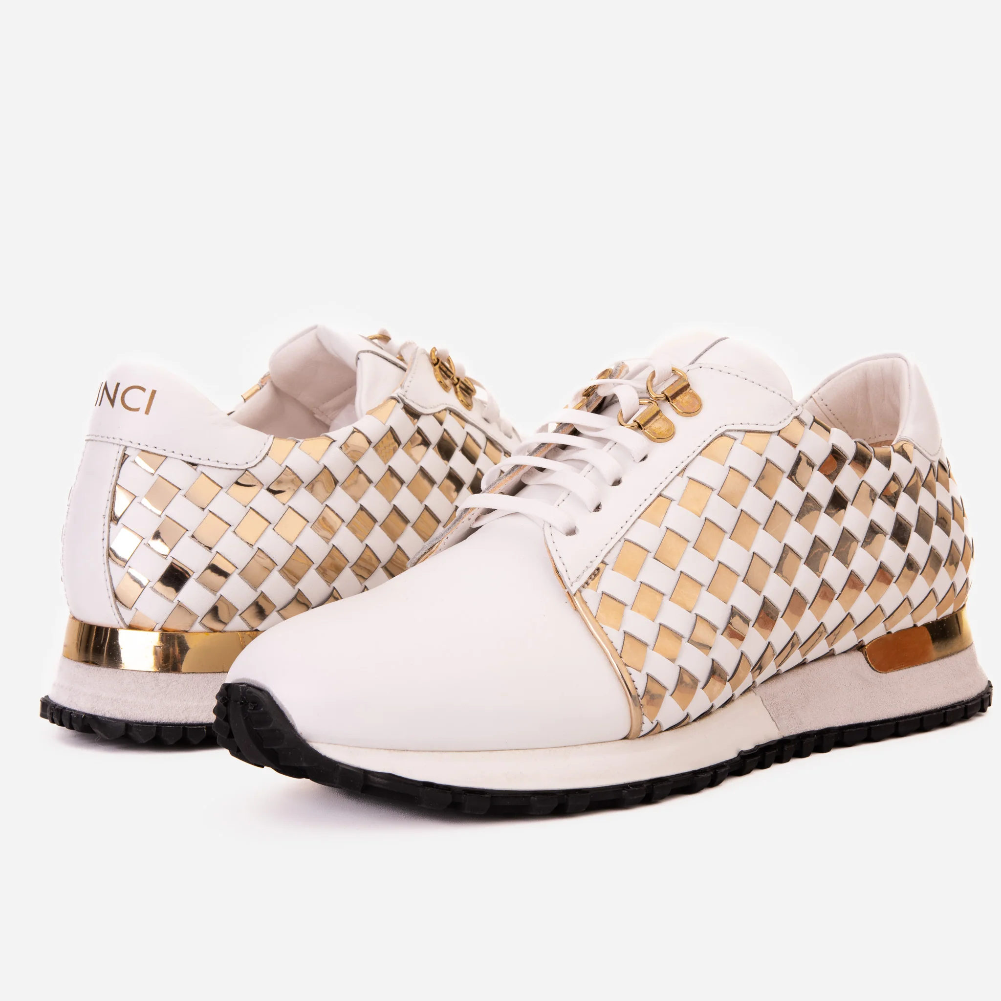 The Mackenzie White & Gold Woven Leather Men Sneaker - Image 9