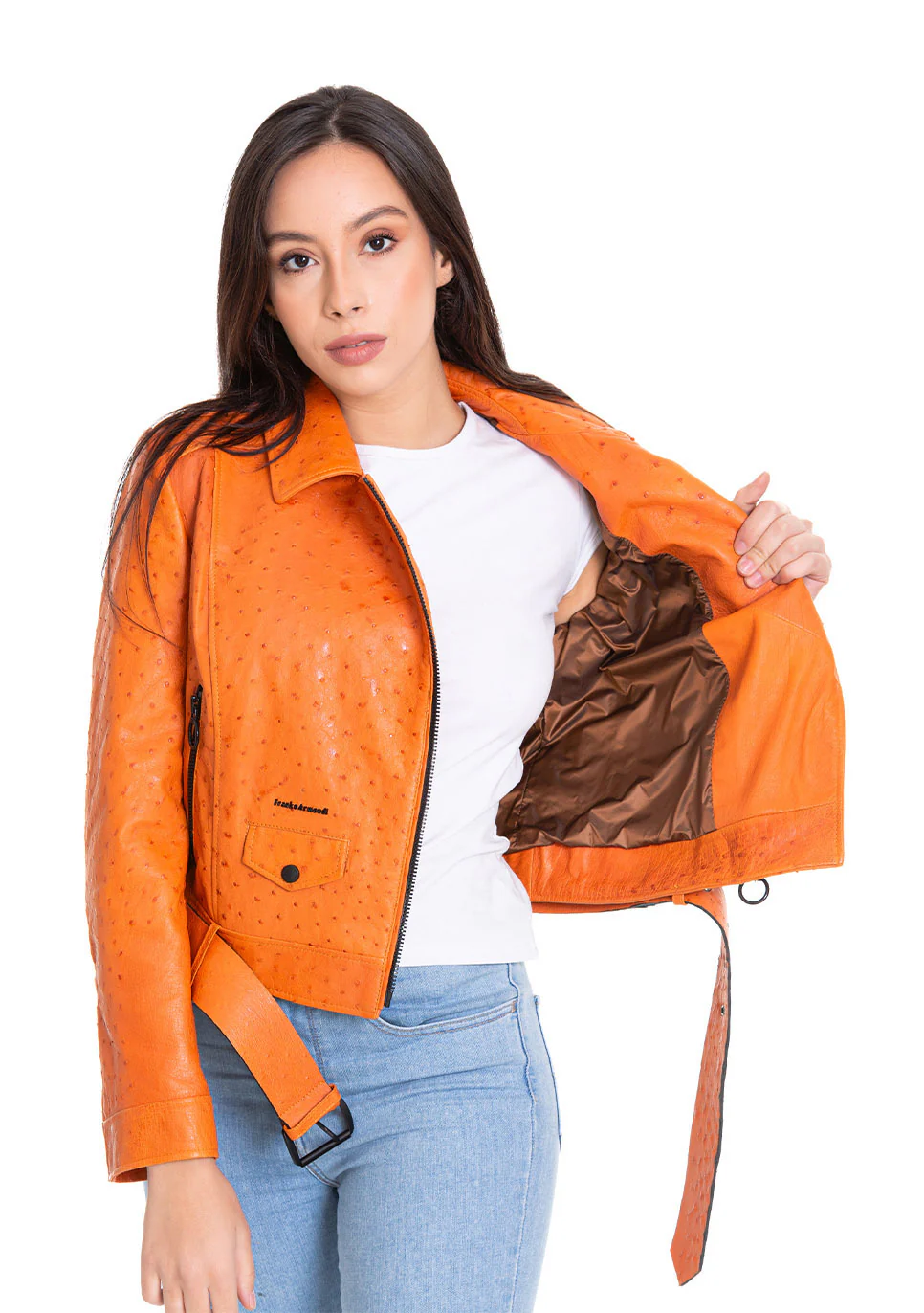 The Martos Orange Ostrich Leather Women Jacket - Image 2