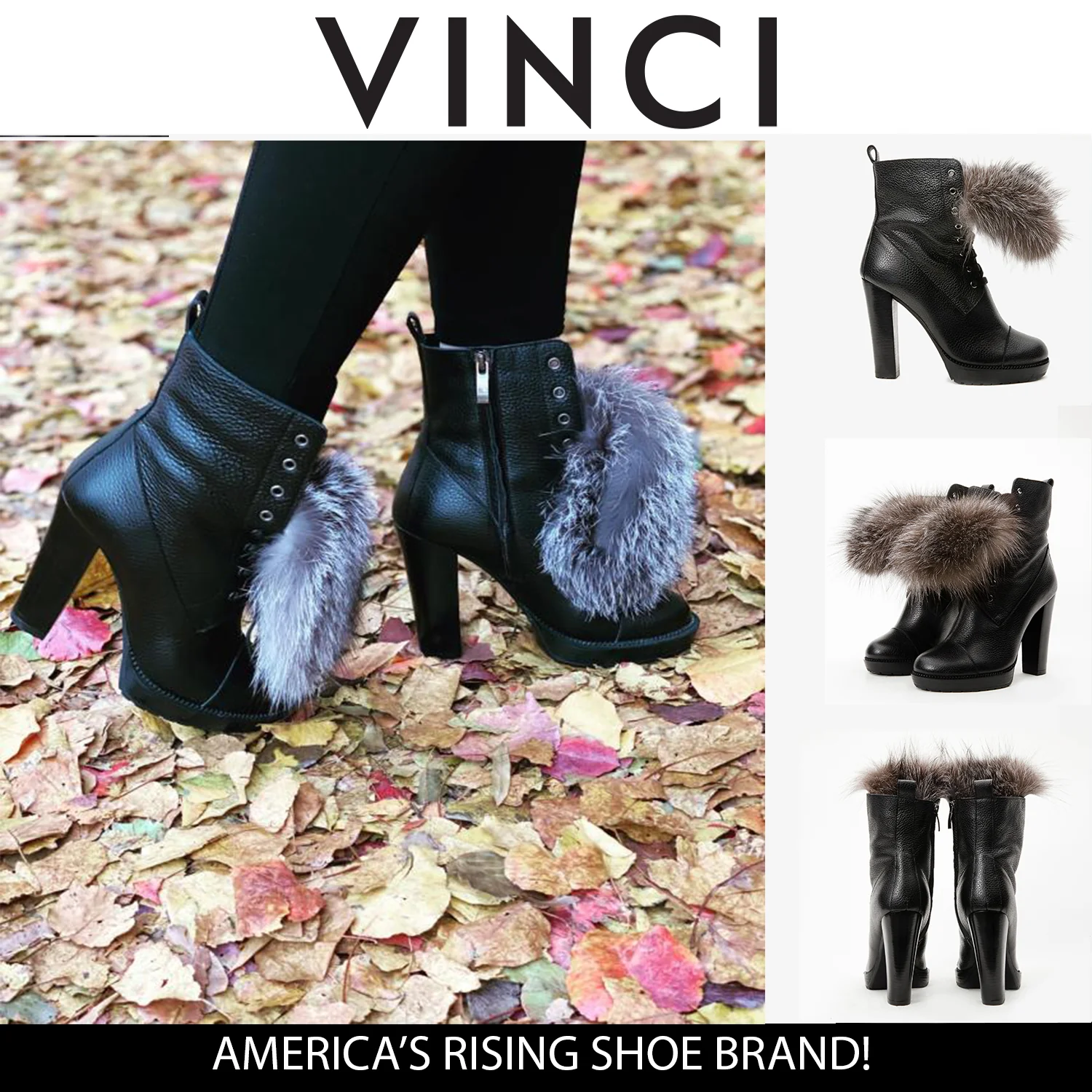The Melo Black Leather Natural Fur Mid Calf Platform Heel Women Boot - Image 12