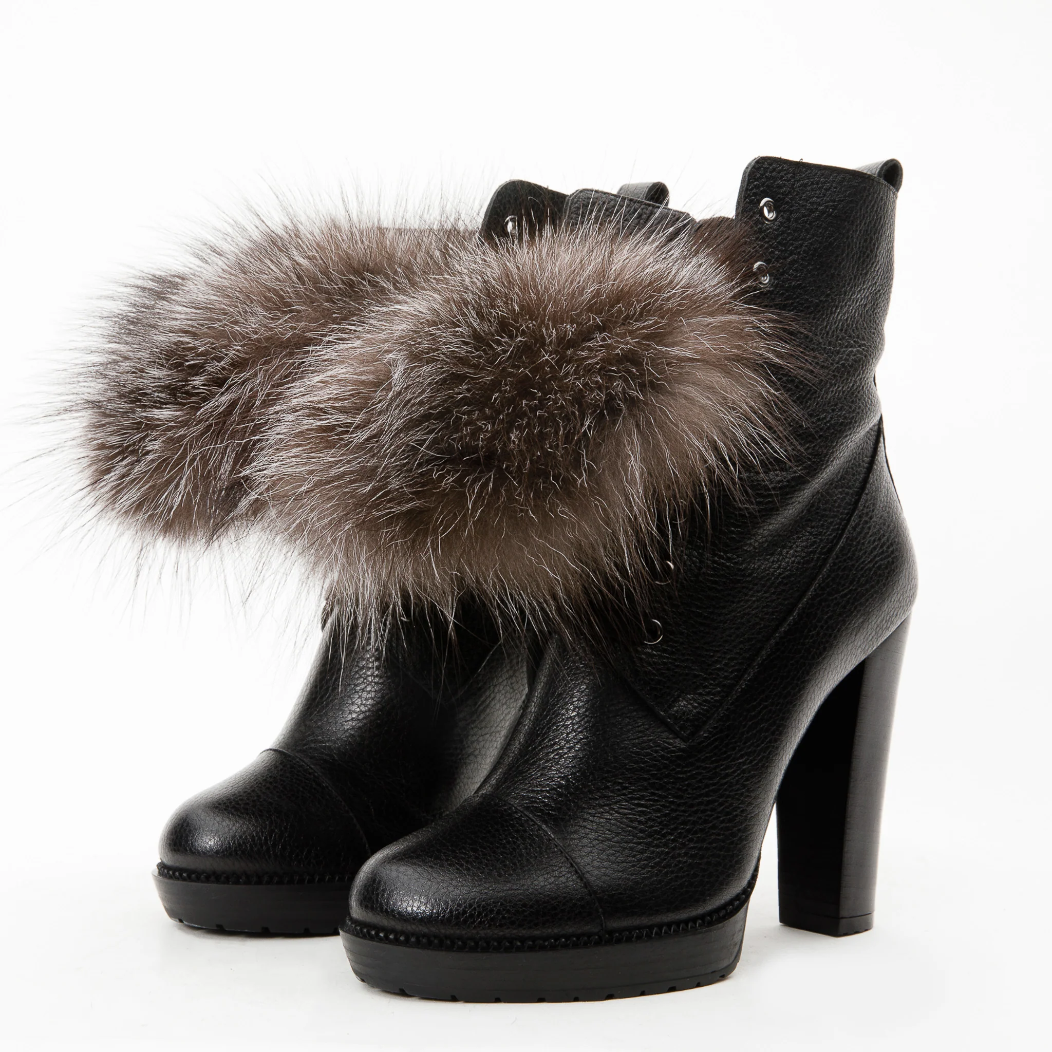 The Melo Black Leather Natural Fur Mid Calf Platform Heel Women Boot - Image 4