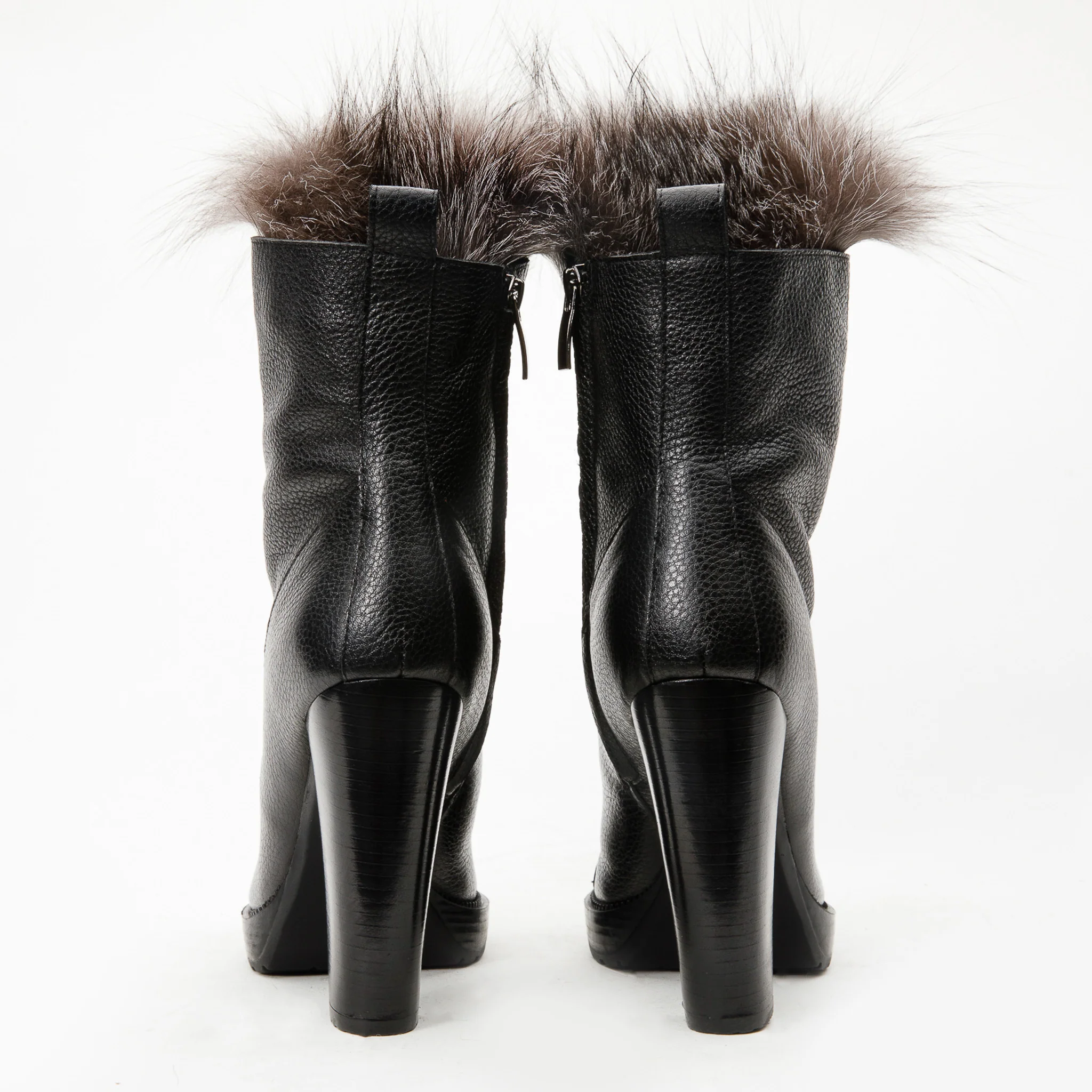 The Melo Black Leather Natural Fur Mid Calf Platform Heel Women Boot - Image 5