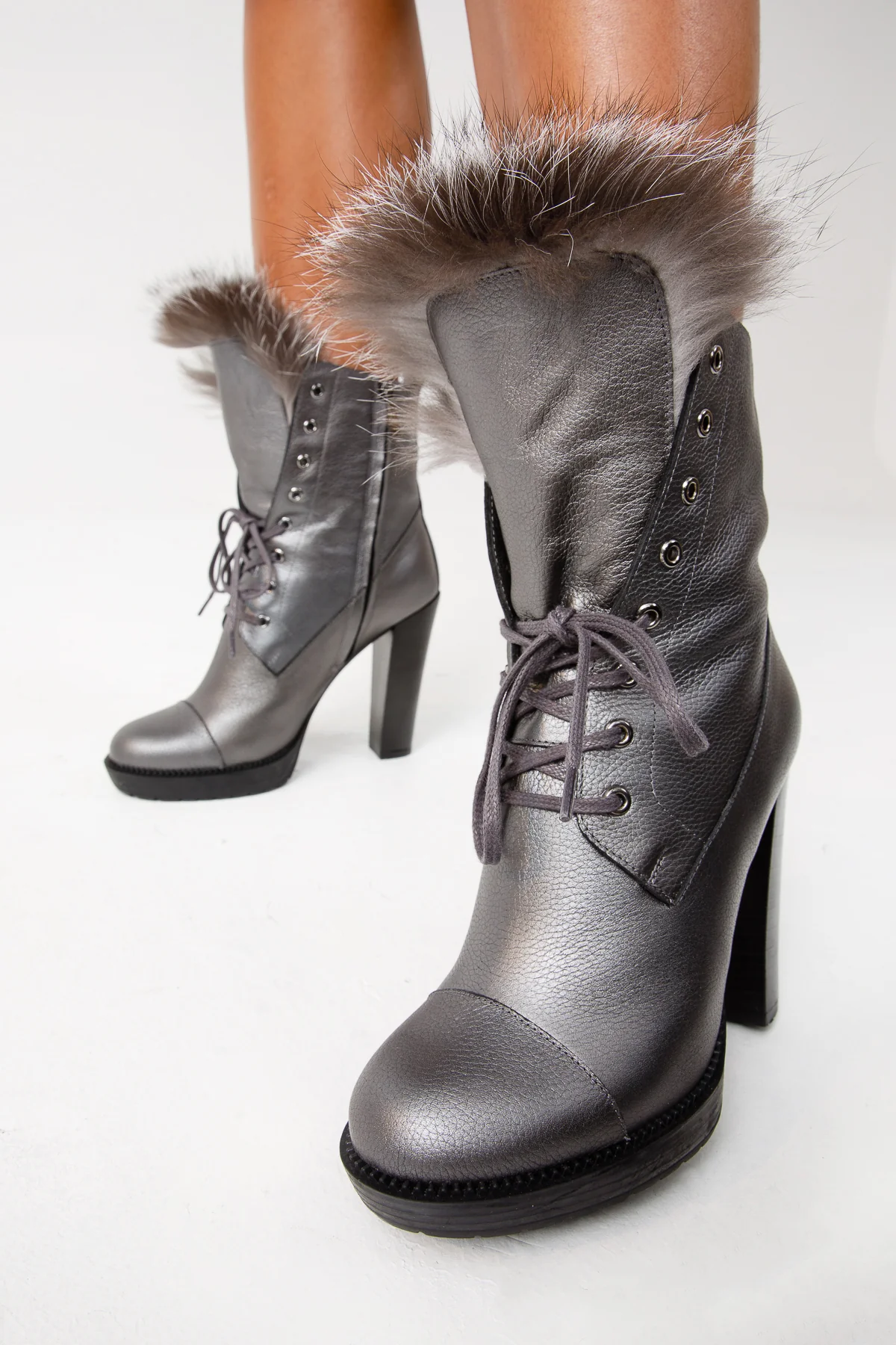 The Melo Gray Leather Natural Fur Mid Calf Platform Heel Women Boot - Image 10