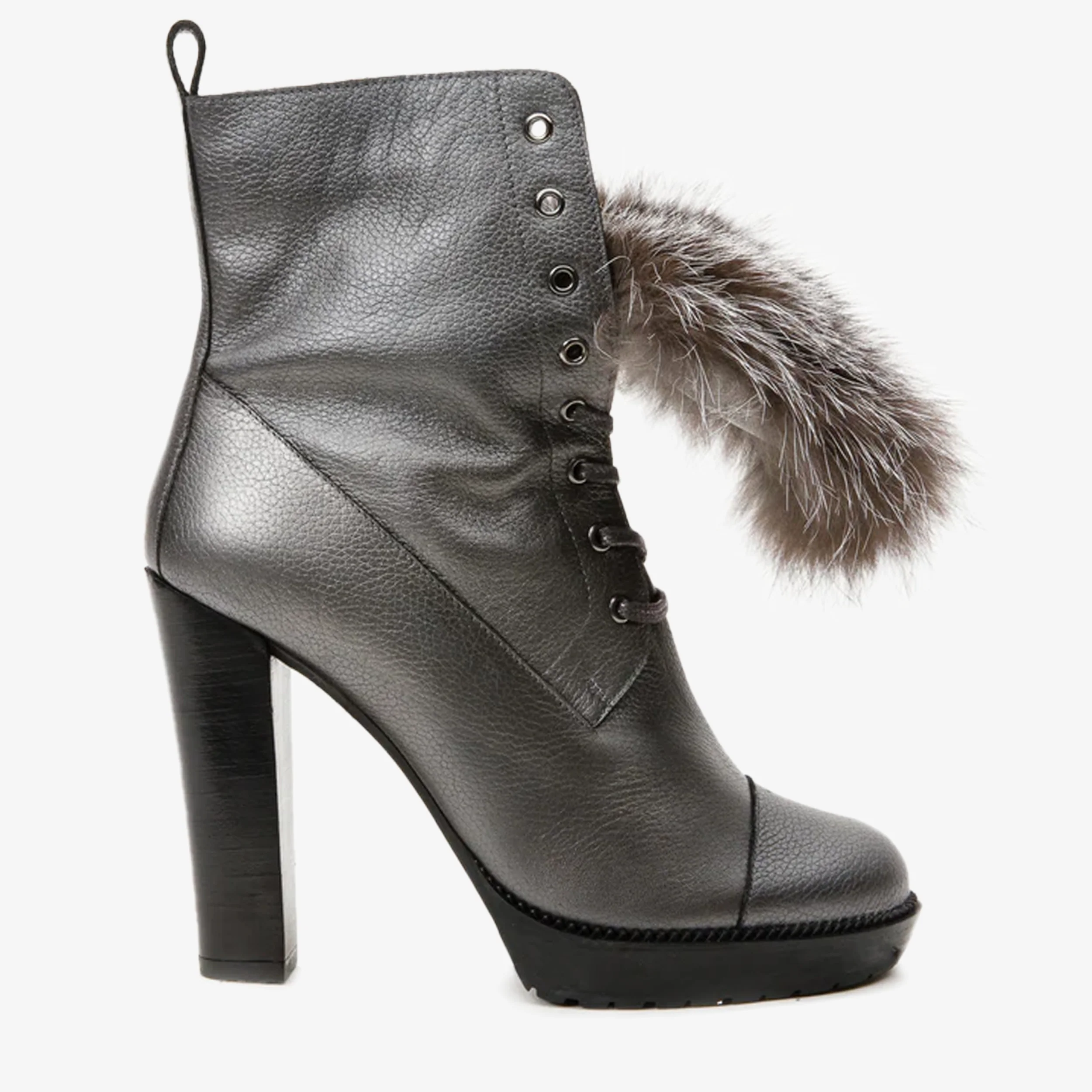 The Melo Gray Leather Natural Fur Mid Calf Platform Heel Women Boot - Image 2