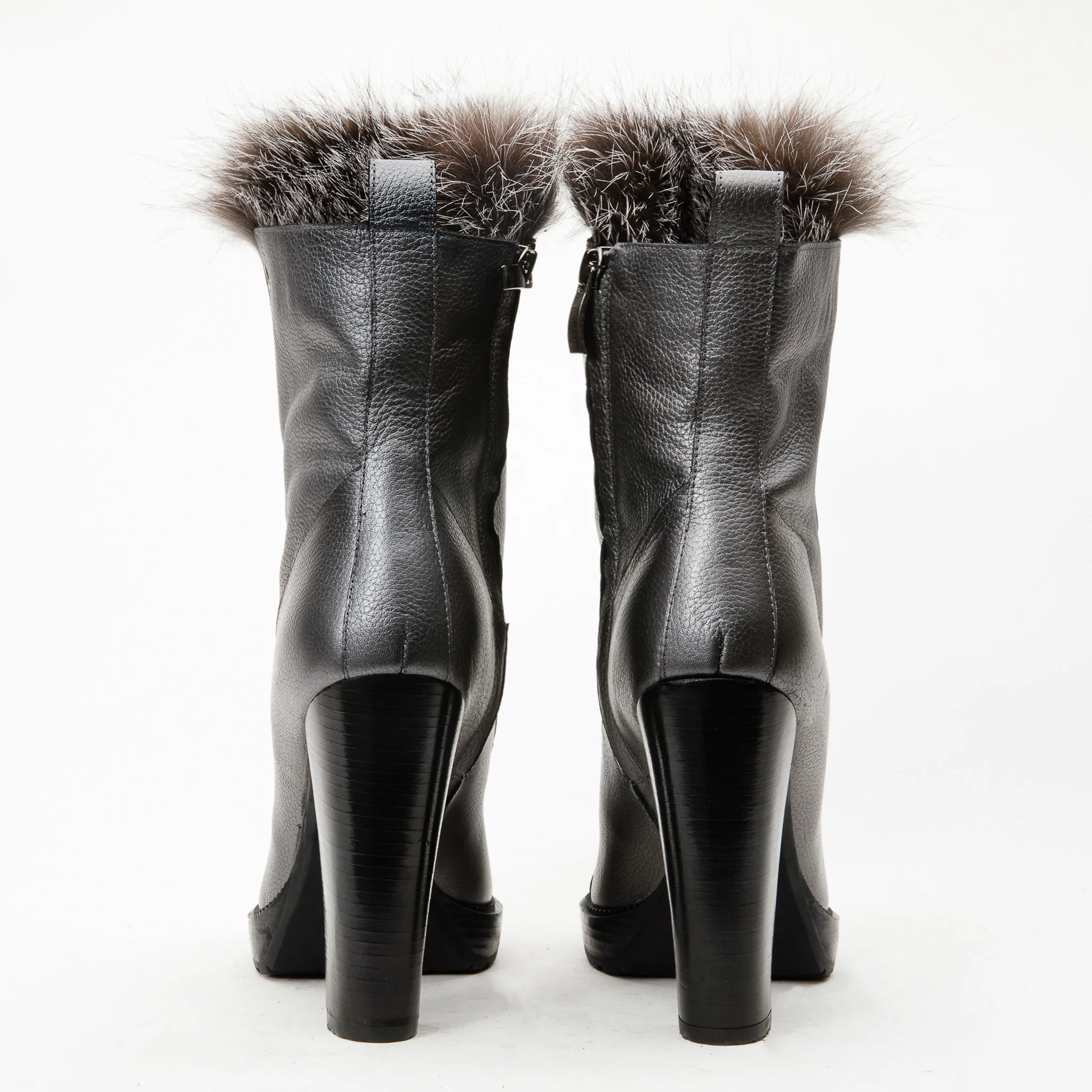 The Melo Gray Leather Natural Fur Mid Calf Platform Heel Women Boot - Image 6