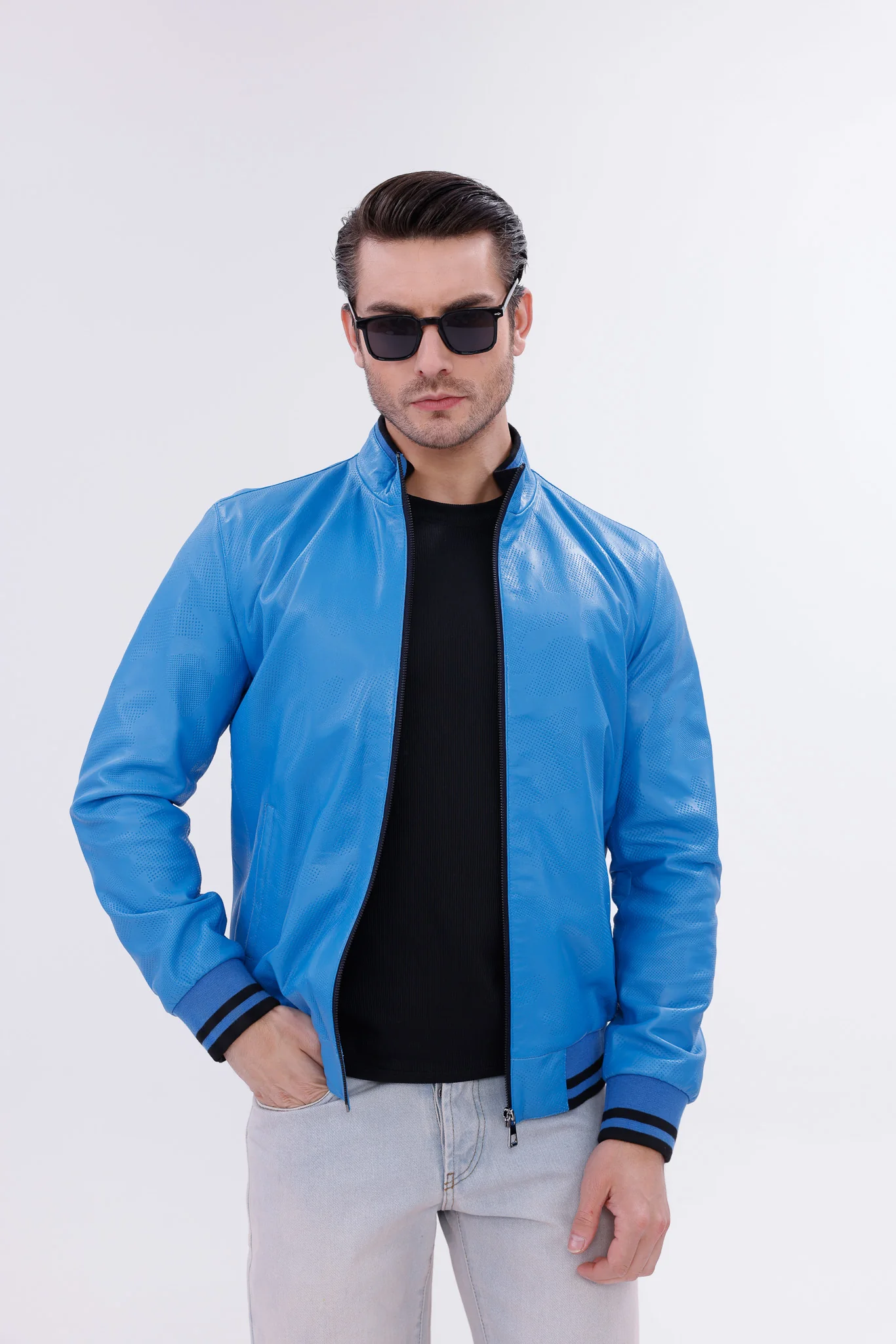 Monza Blue Lambskin Men Leather Jacket - Image 2