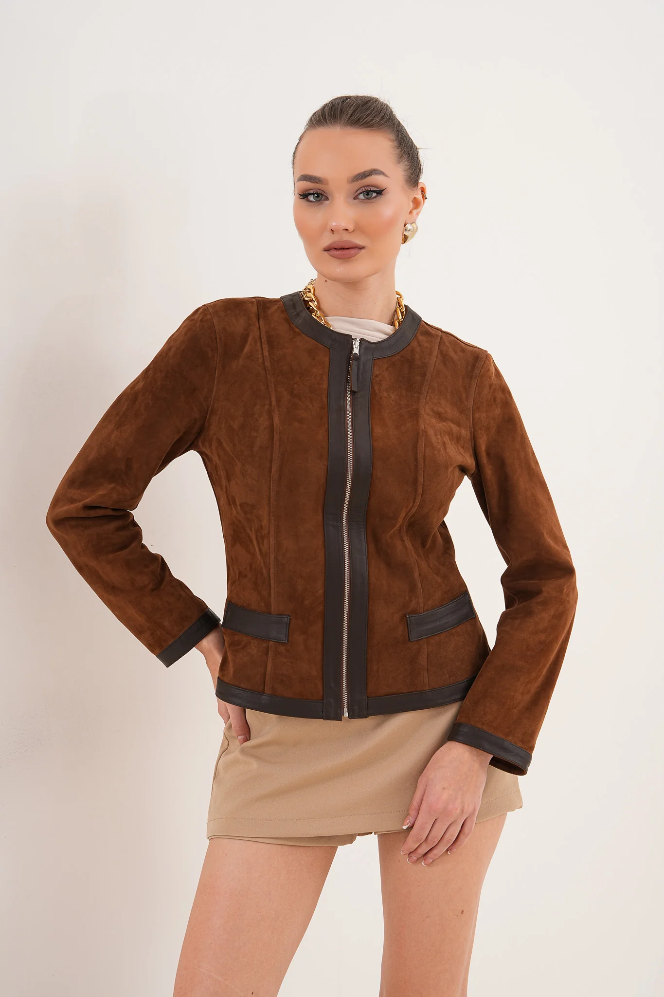 The Nyvessa Reversible Brown Suede & Dark Brown Leather Women Jacket - Image 15