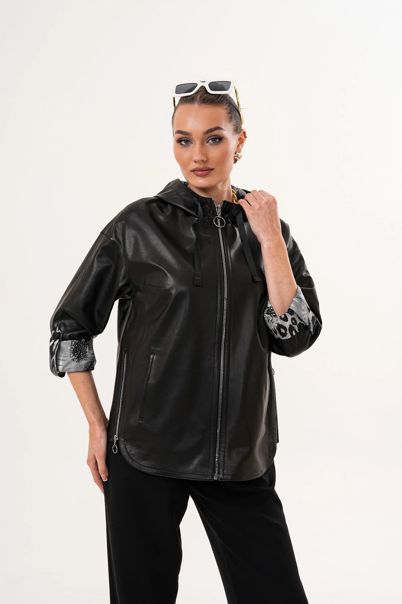 The Nyxara Reversible Hooded Black Leather Jacket - Image 10