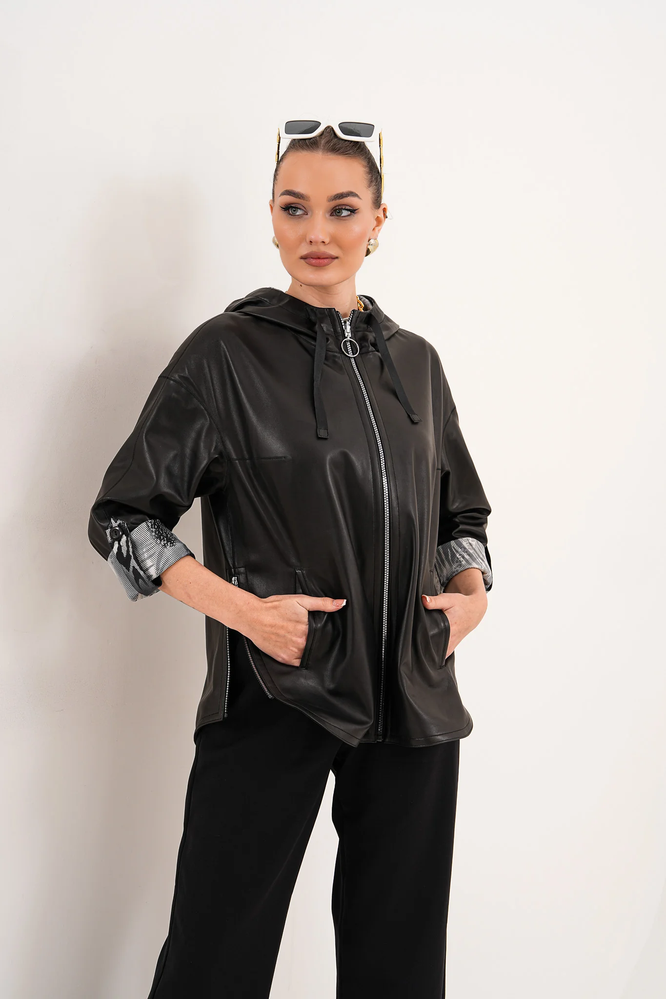 The Nyxara Reversible Hooded Black Leather Jacket - Image 15