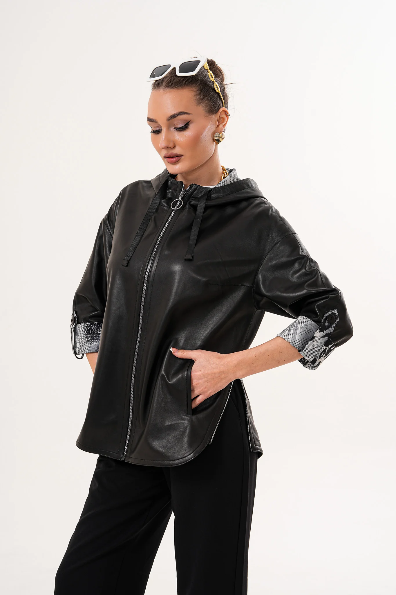 The Nyxara Reversible Hooded Black Leather Jacket - Image 2